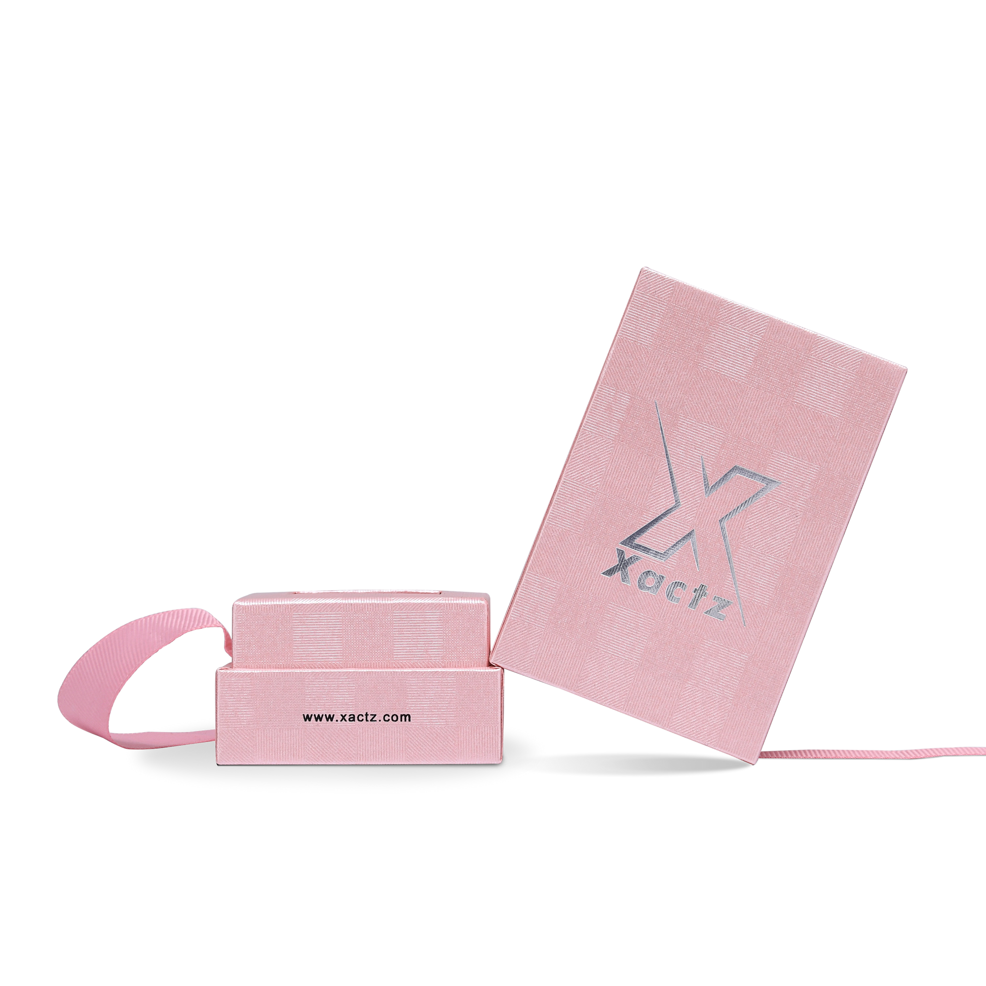 Premium Pink Textured Bright Silver Hot Stamped Tall Rigid Gift Box with Ribbon Closure