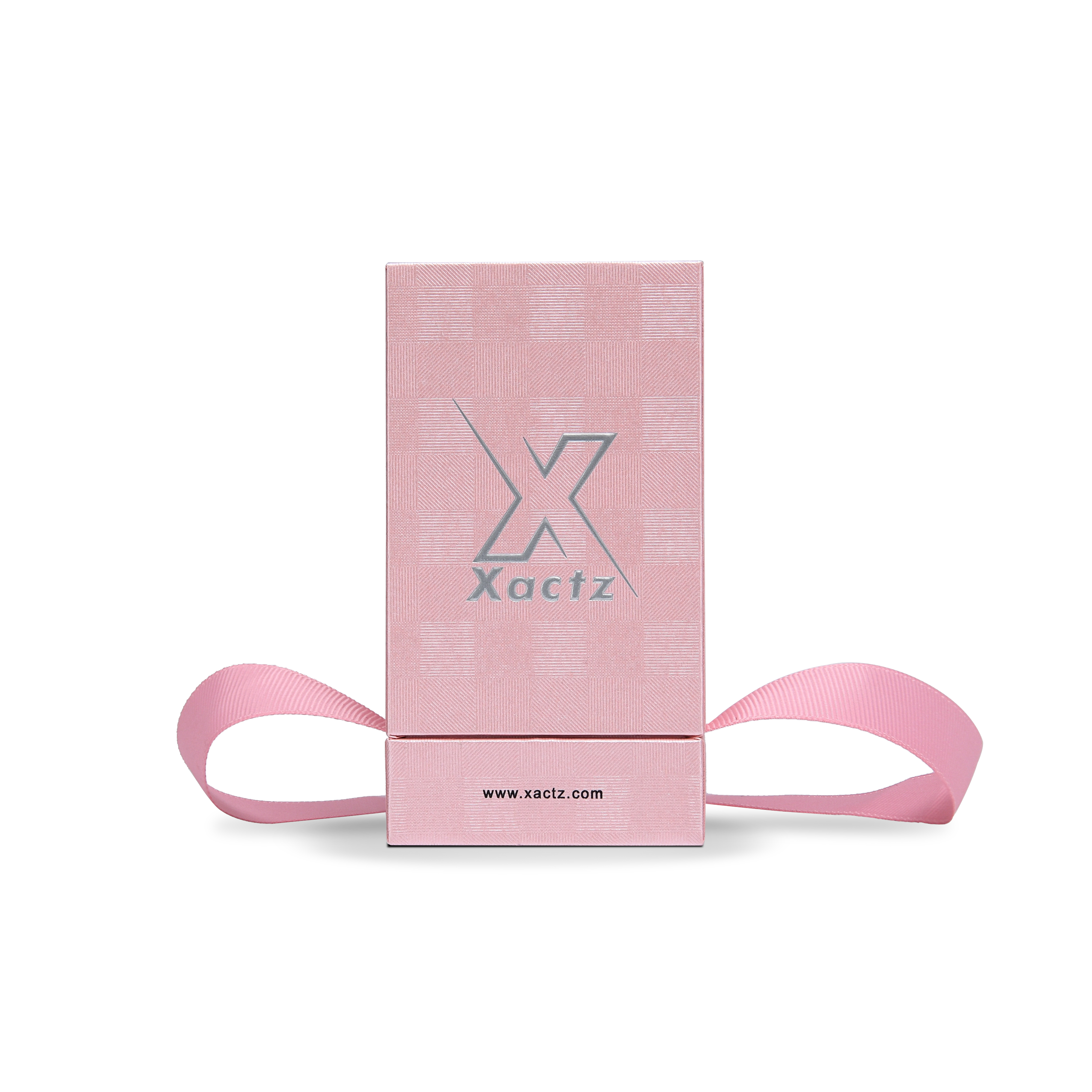 Premium Pink Textured Matte Silver Embossed Hot Stamped Tall Rigid Gift Box with Ribbon Closure