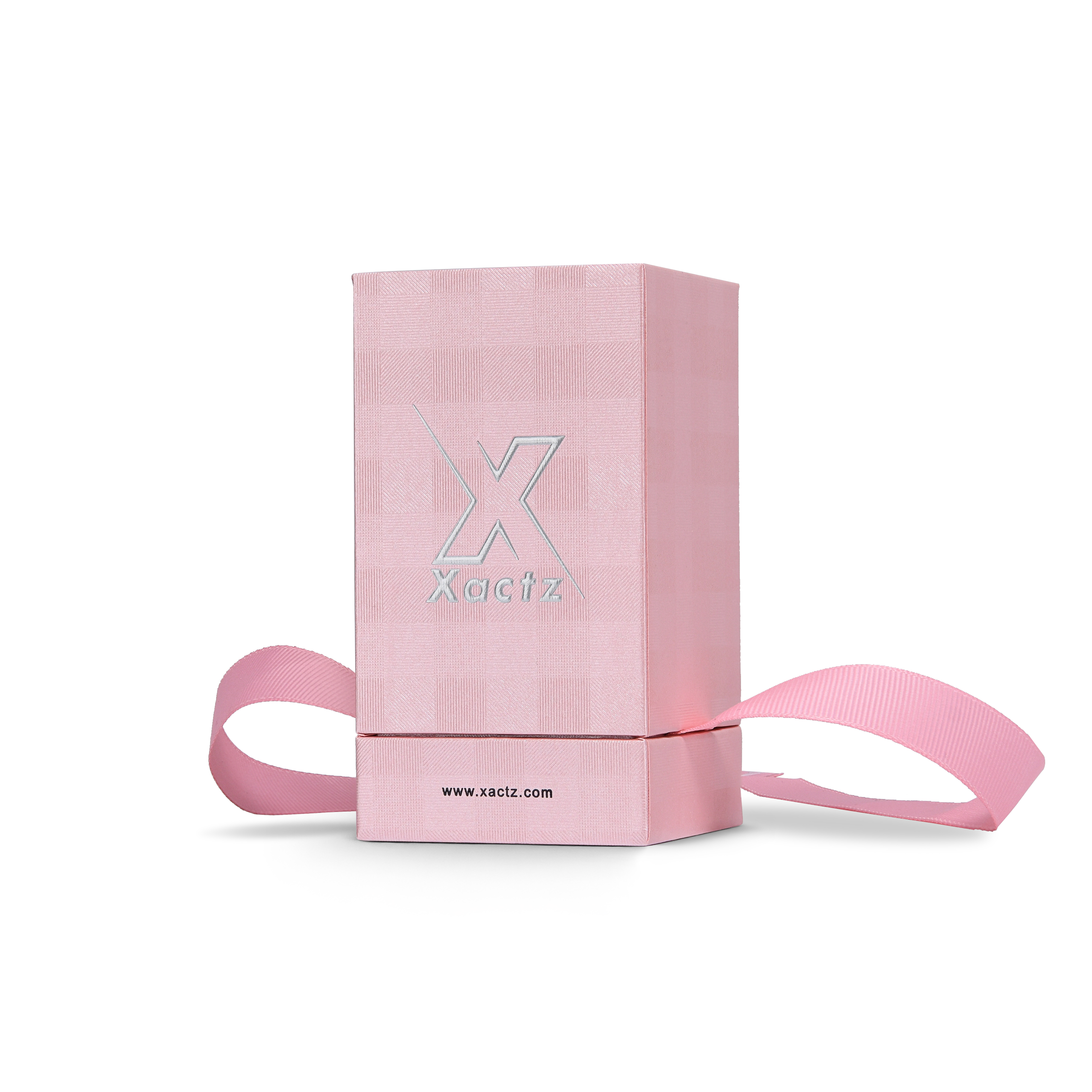 Premium Pink Textured Matte Silver Embossed Hot Stamped Tall Rigid Gift Box with Ribbon Closure