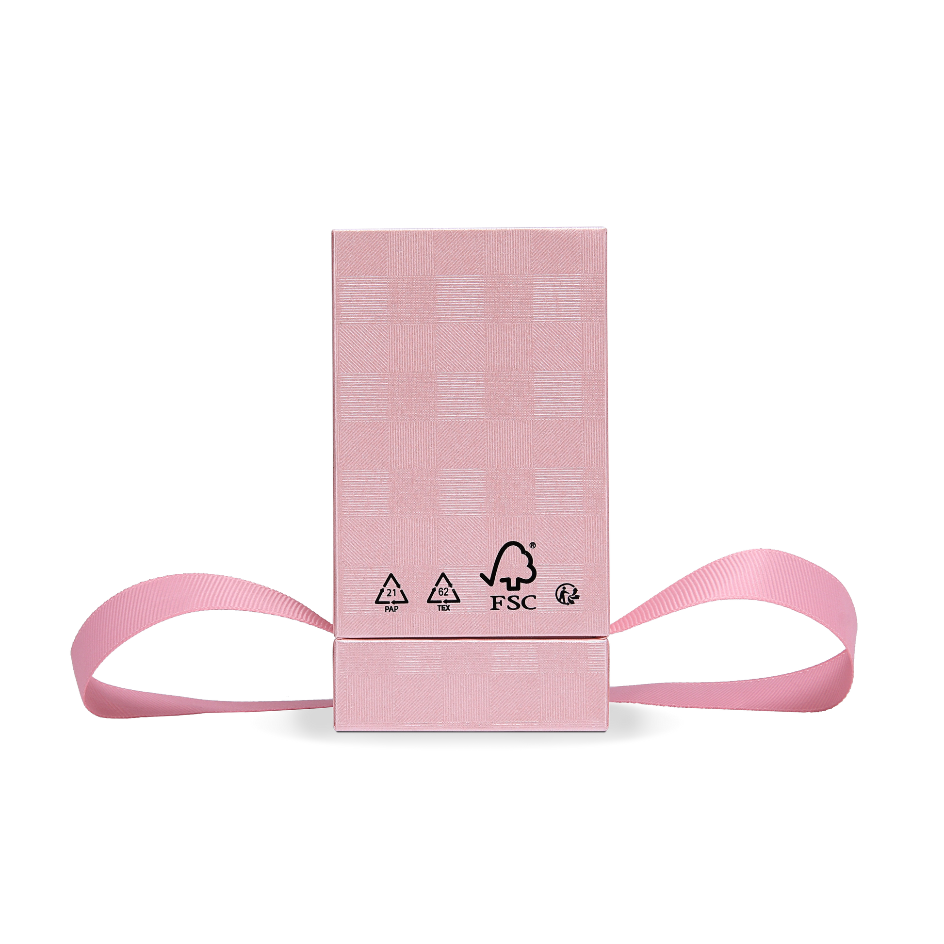 Premium Pink Textured Matte Silver Embossed Hot Stamped Tall Rigid Gift Box with Ribbon Closure