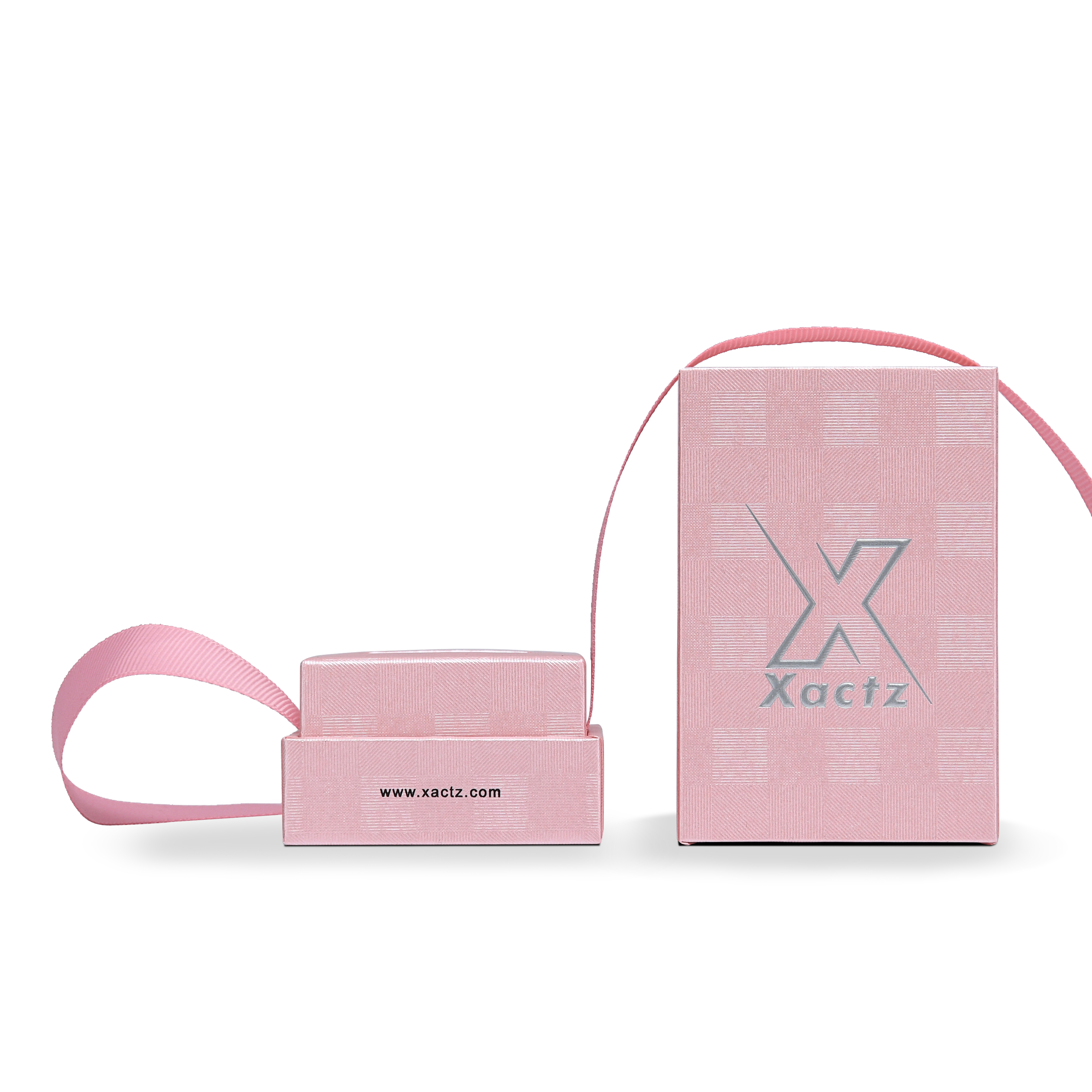 Premium Pink Textured Matte Silver Embossed Hot Stamped Tall Rigid Gift Box with Ribbon Closure