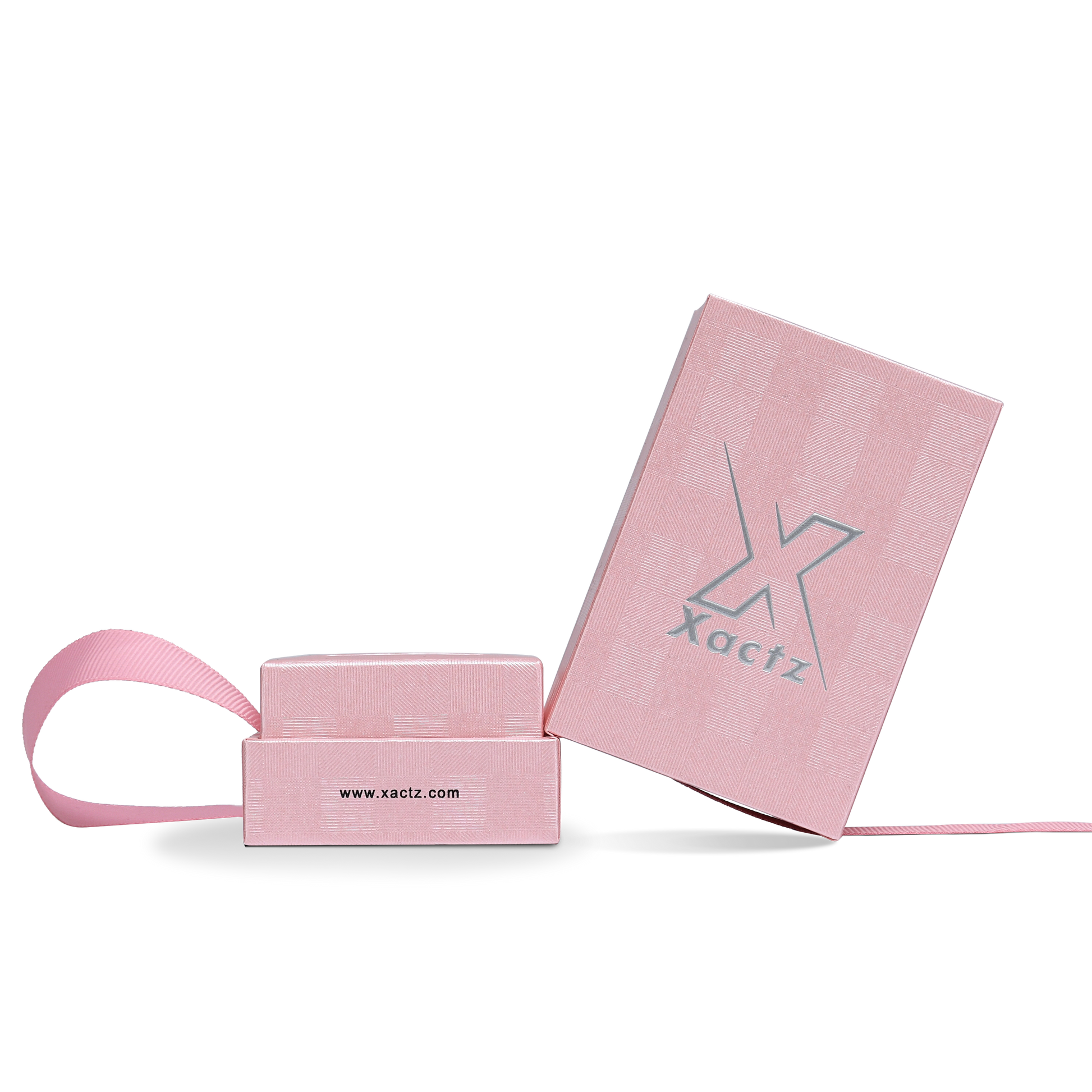 Premium Pink Textured Matte Silver Embossed Hot Stamped Tall Rigid Gift Box with Ribbon Closure