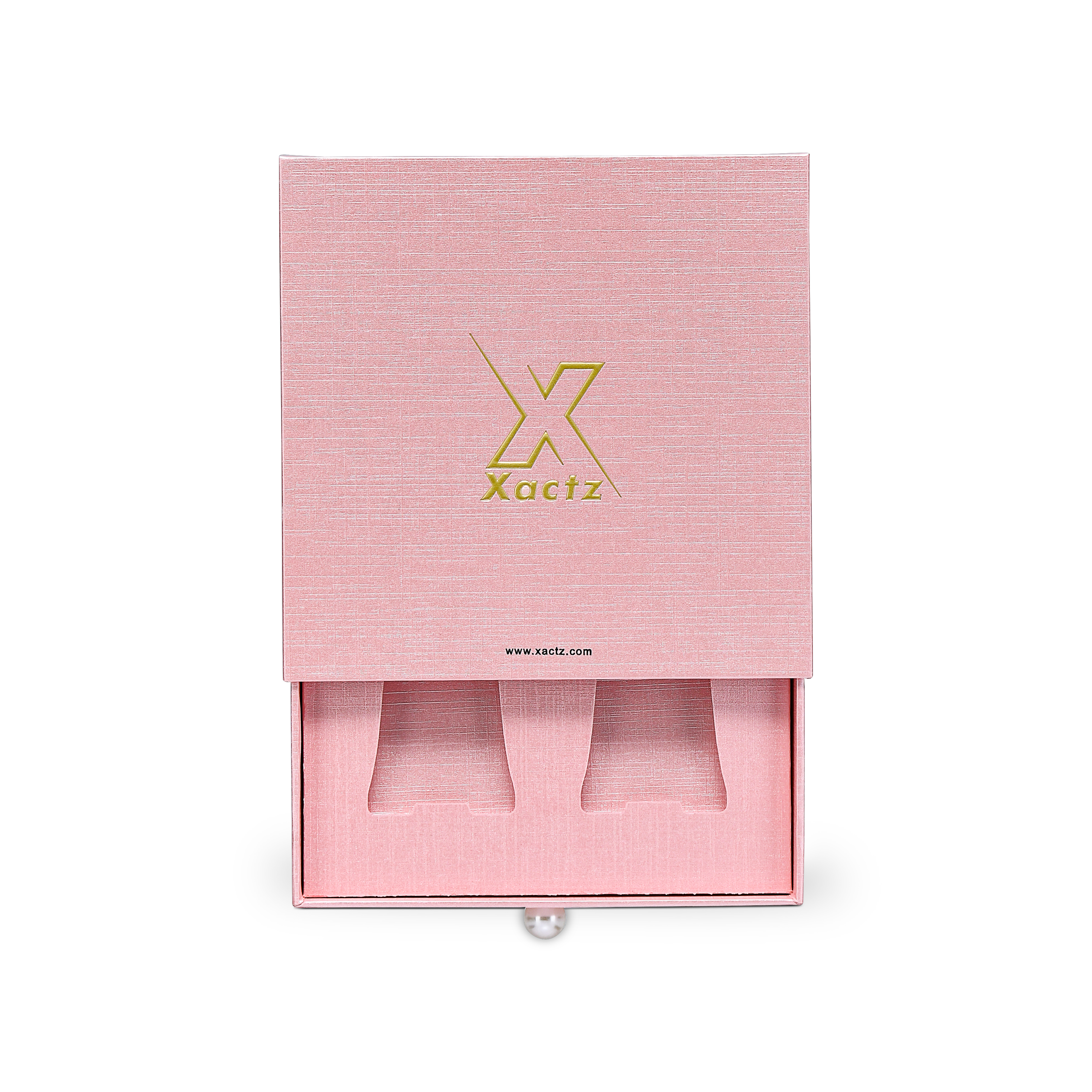 Premium Pink Textured Drawer-Style Luxury Gift Box with Embossed Gold Foil and Metal Pearl Handle