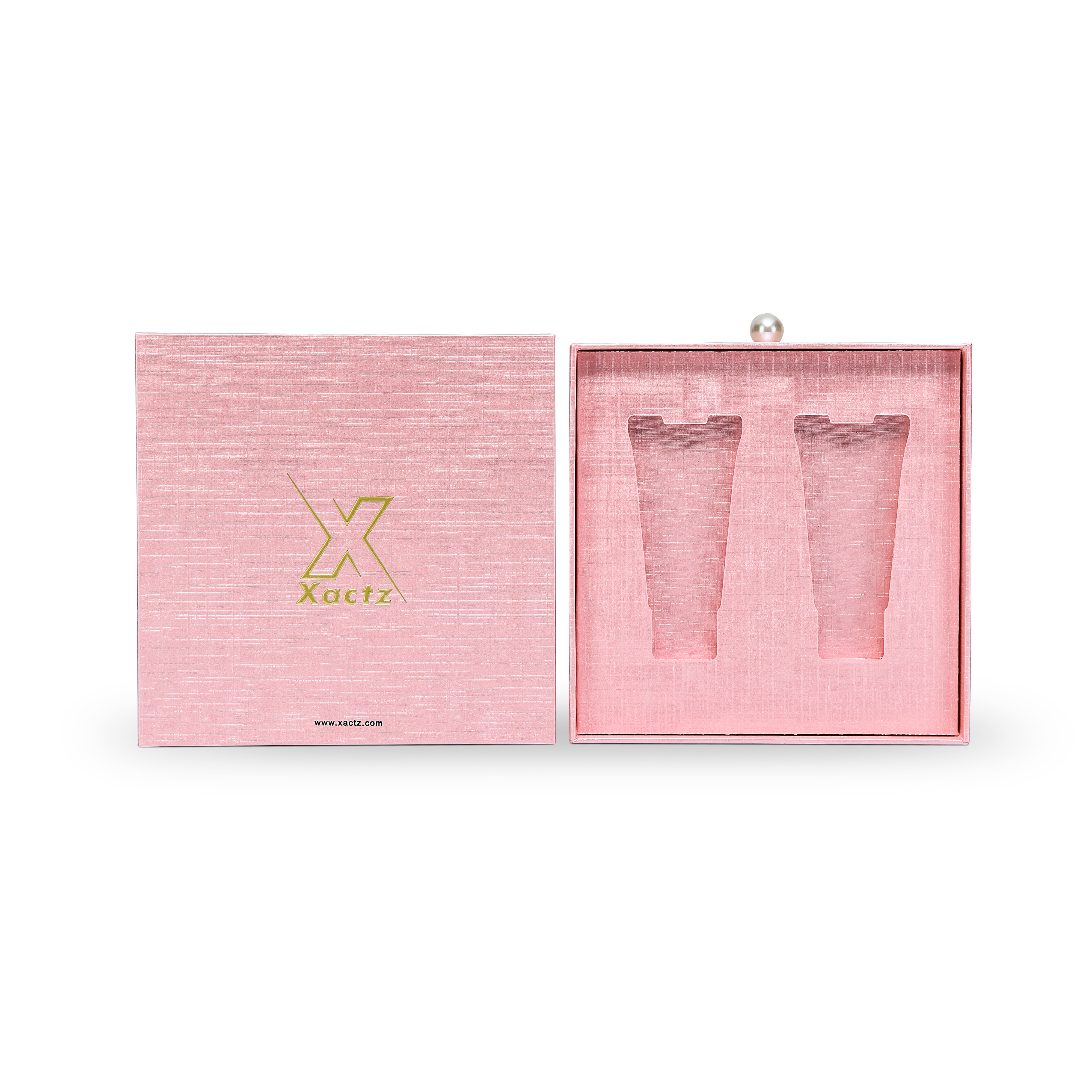 Premium Pink Textured Drawer-Style Luxury Gift Box with Embossed Gold Foil and Metal Pearl Handle