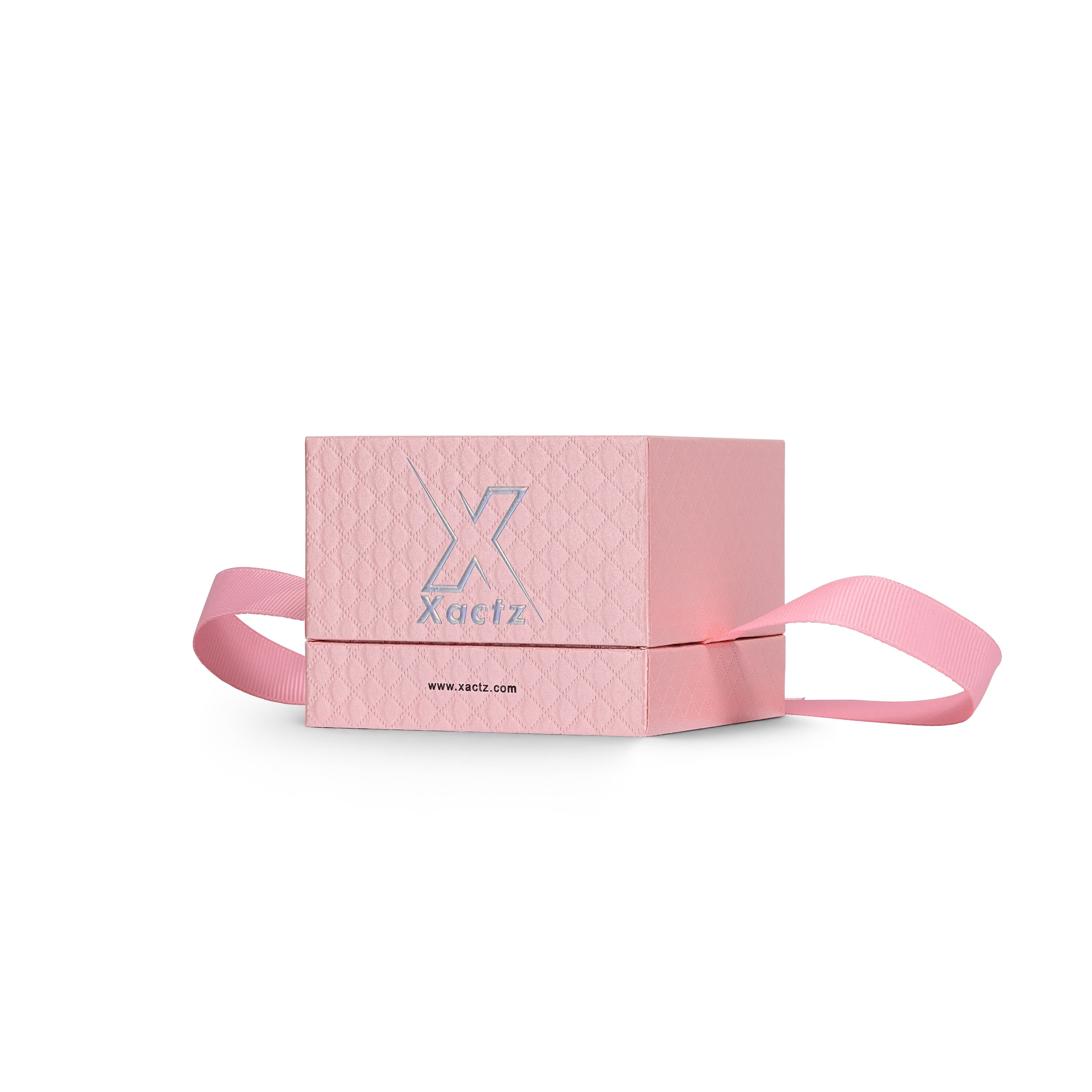Premium Pink Textured Holographic Silver Embossed Hot Stamped Rigid Gift Box with Ribbon Closure