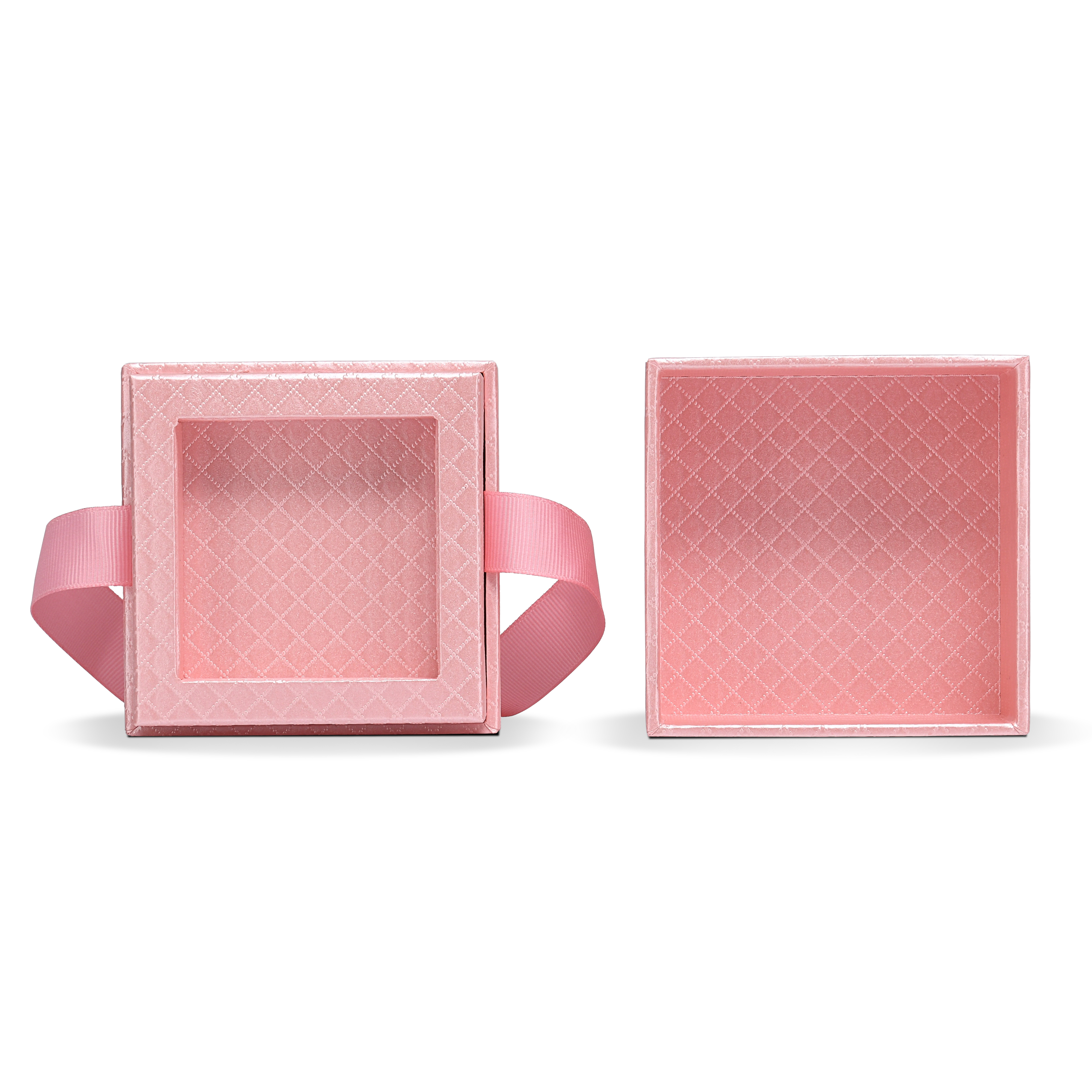 Premium Pink Textured Holographic Silver Embossed Hot Stamped Rigid Gift Box with Ribbon Closure