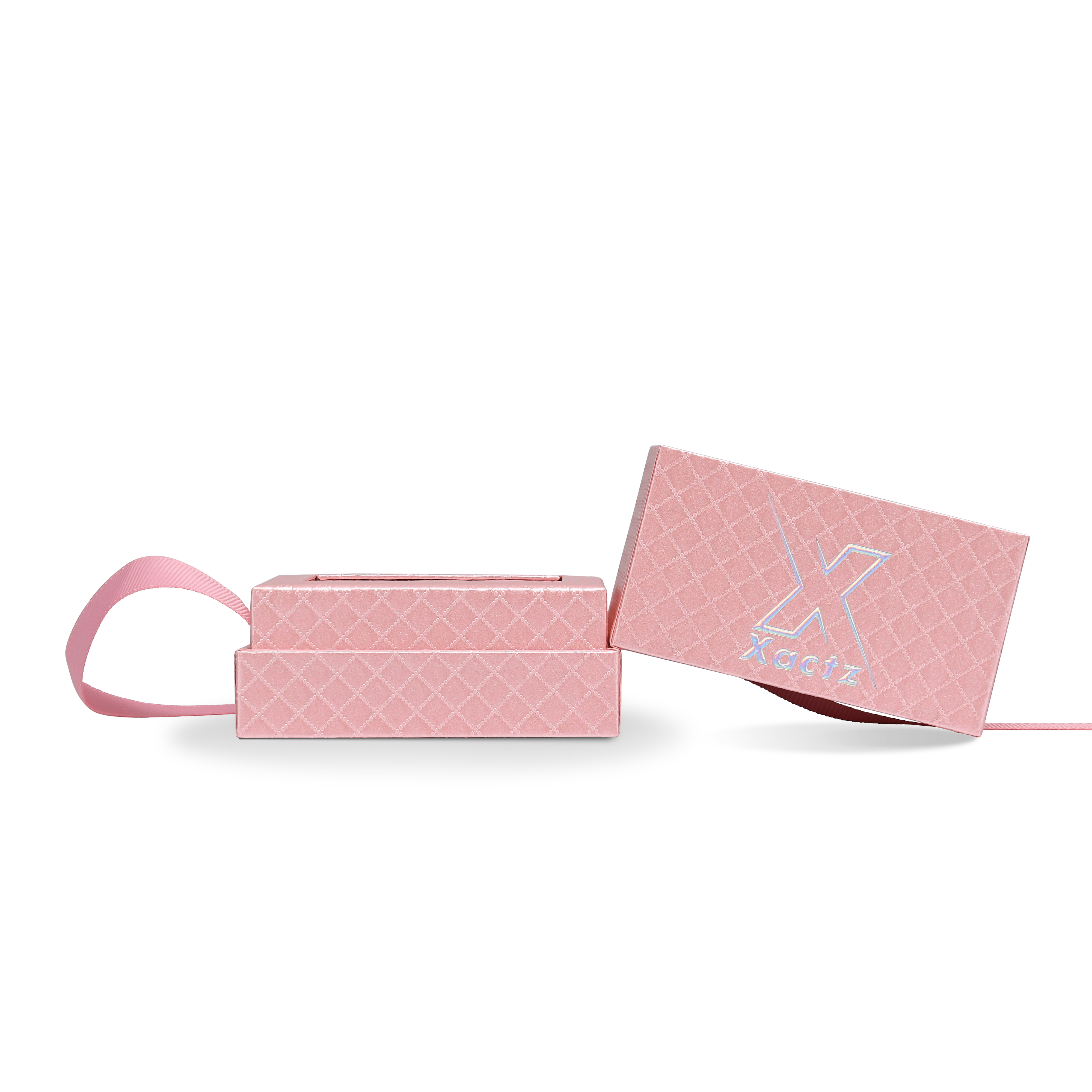 Premium Pink Textured Holographic Silver Embossed Hot Stamped Rigid Gift Box with Ribbon Closure