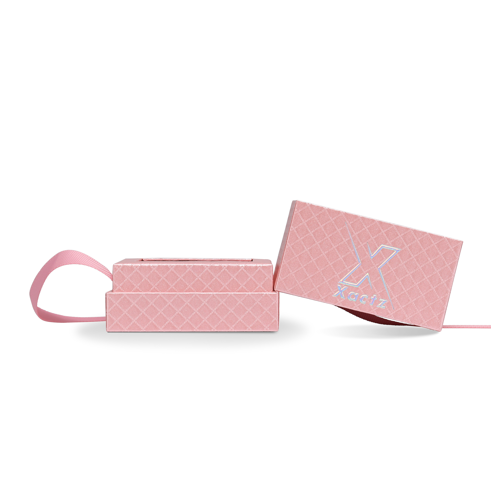 Premium Pink Textured Holographic Silver Embossed Hot Stamped Rigid Gift Box with Ribbon Closure