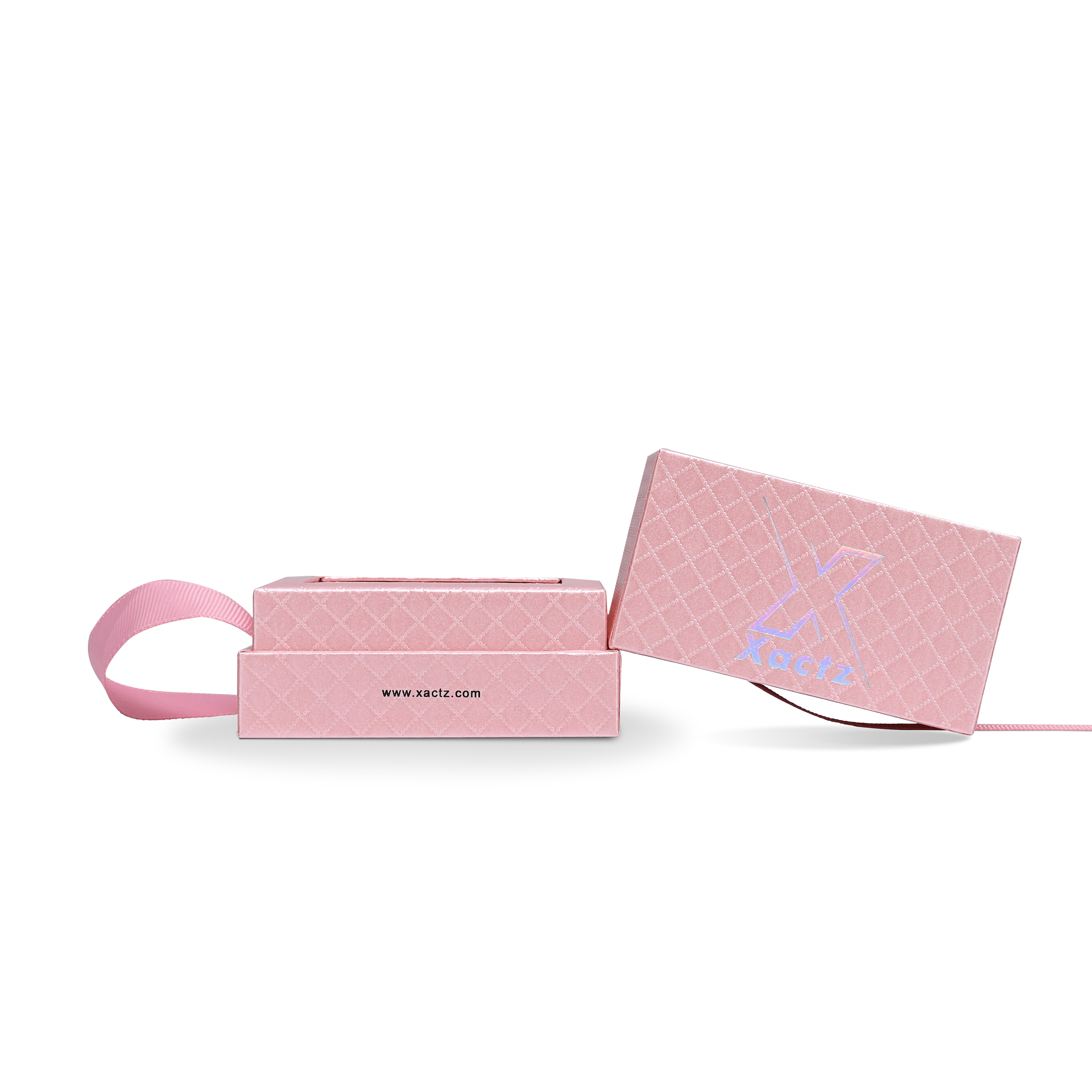 Premium Pink Textured Rainbow Silver Embossed Hot Stamped Rigid Gift Box with Ribbon Closure