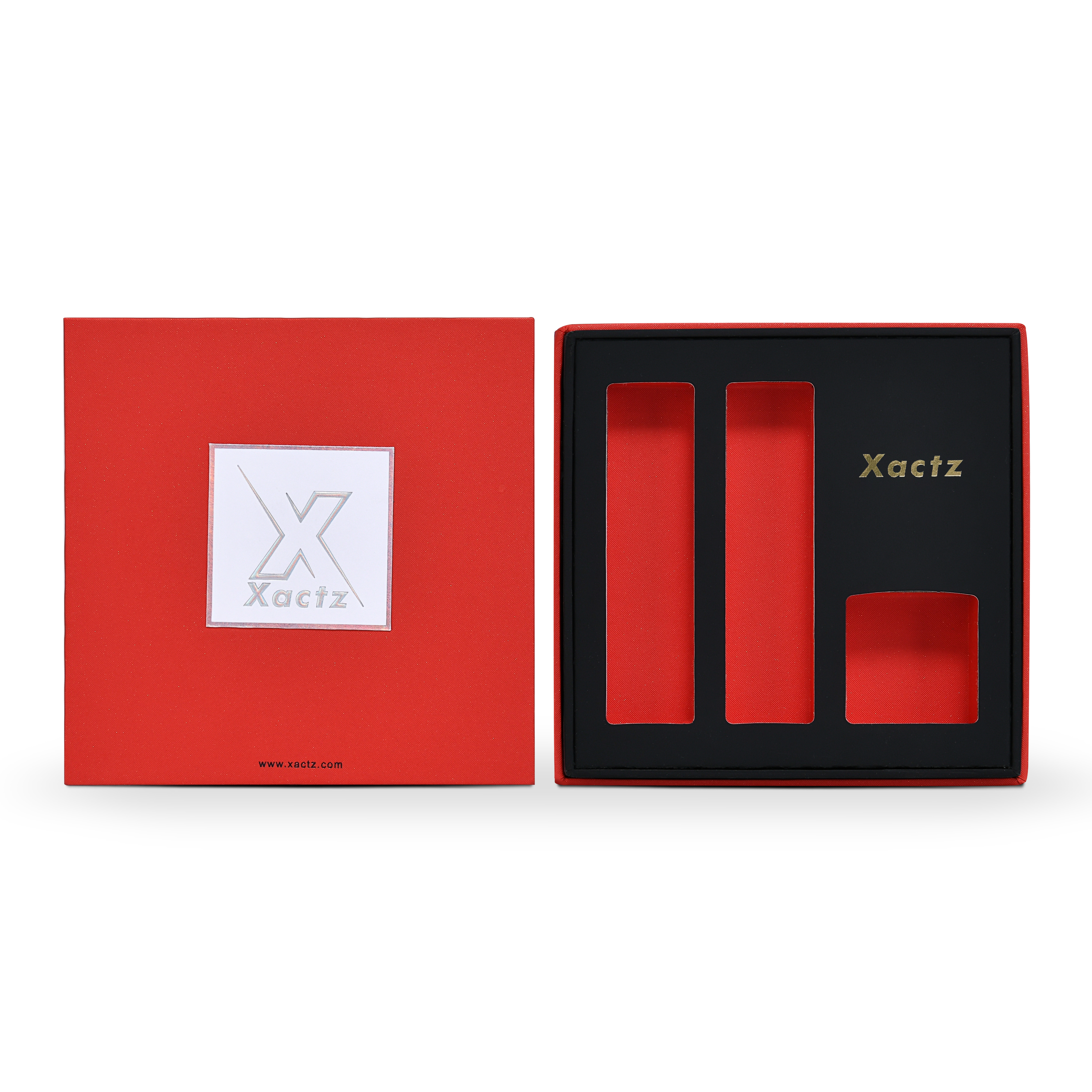 Boîte de luxe personnalisée avec couvercle et base rouges, emballage intérieur texturé multicouche