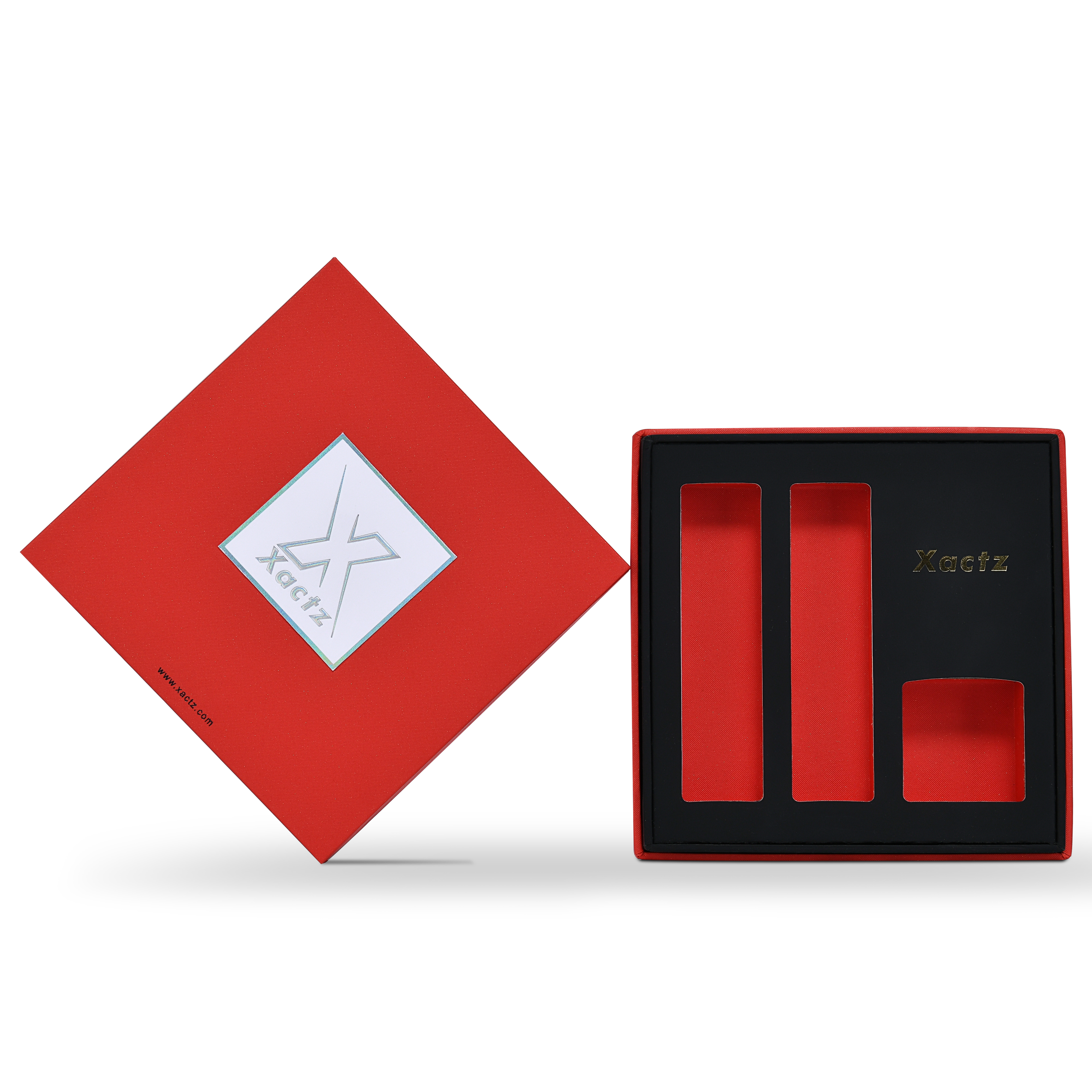 Boîte de luxe personnalisée avec couvercle et base rouges, emballage intérieur texturé multicouche
