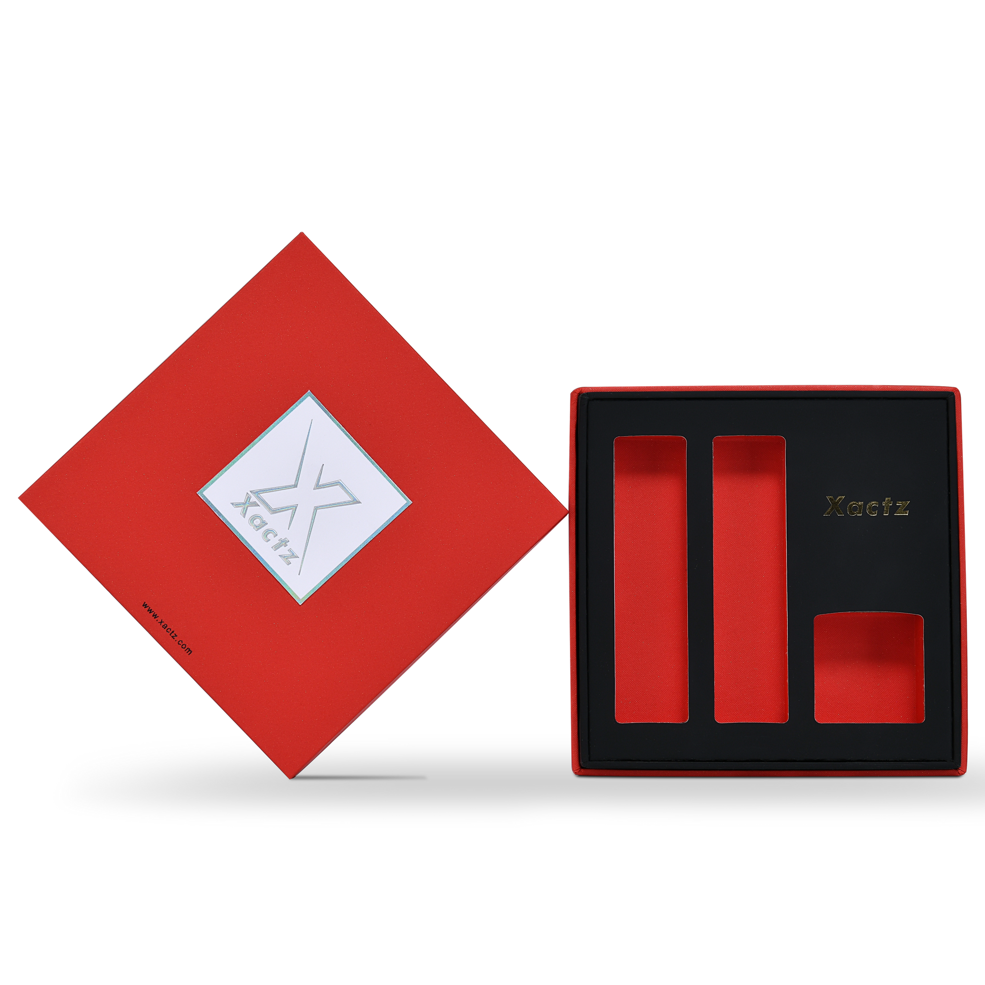 Boîte de luxe personnalisée avec couvercle et base rouges, emballage intérieur texturé multicouche