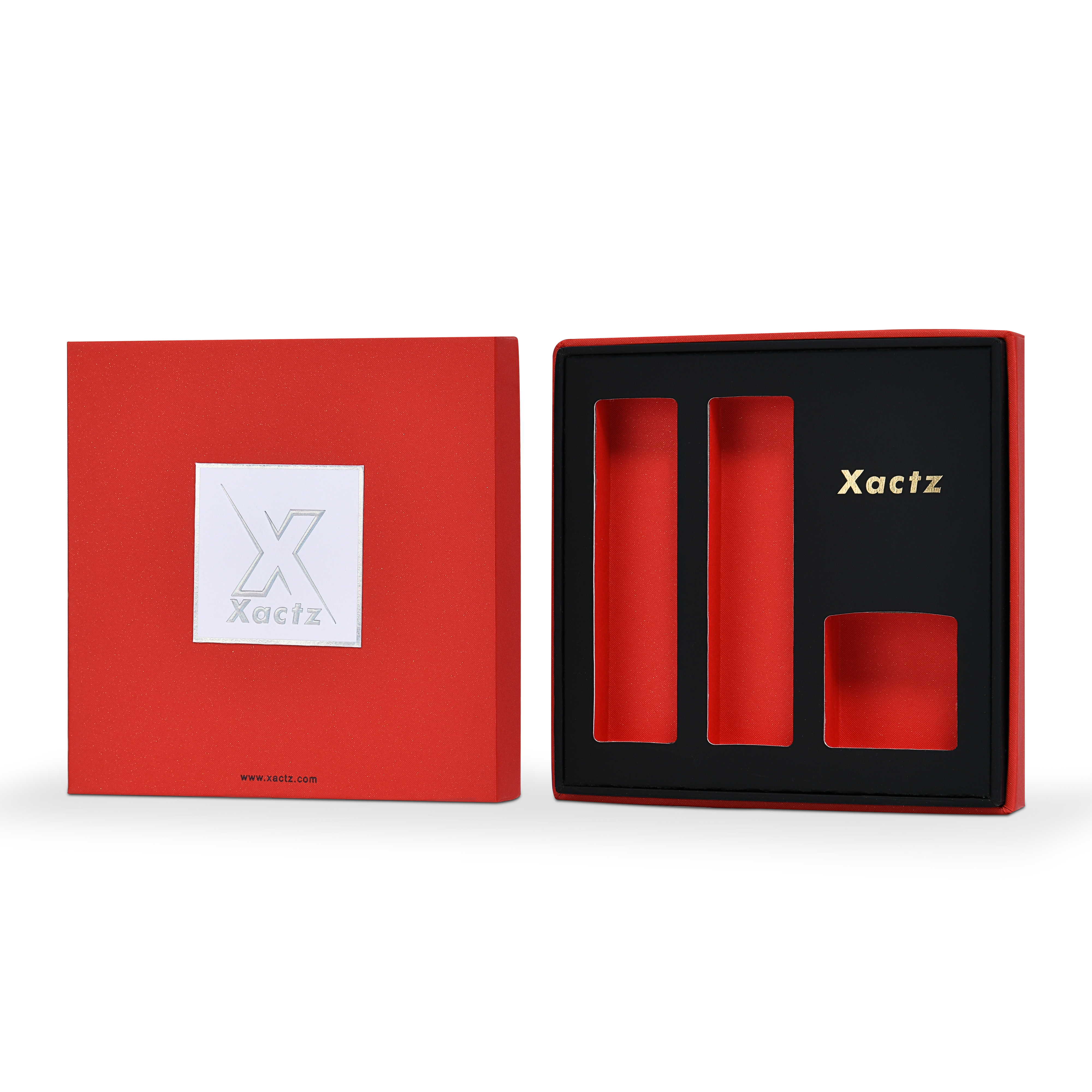Boîte de luxe personnalisée avec couvercle et base rouges, emballage intérieur texturé multicouche