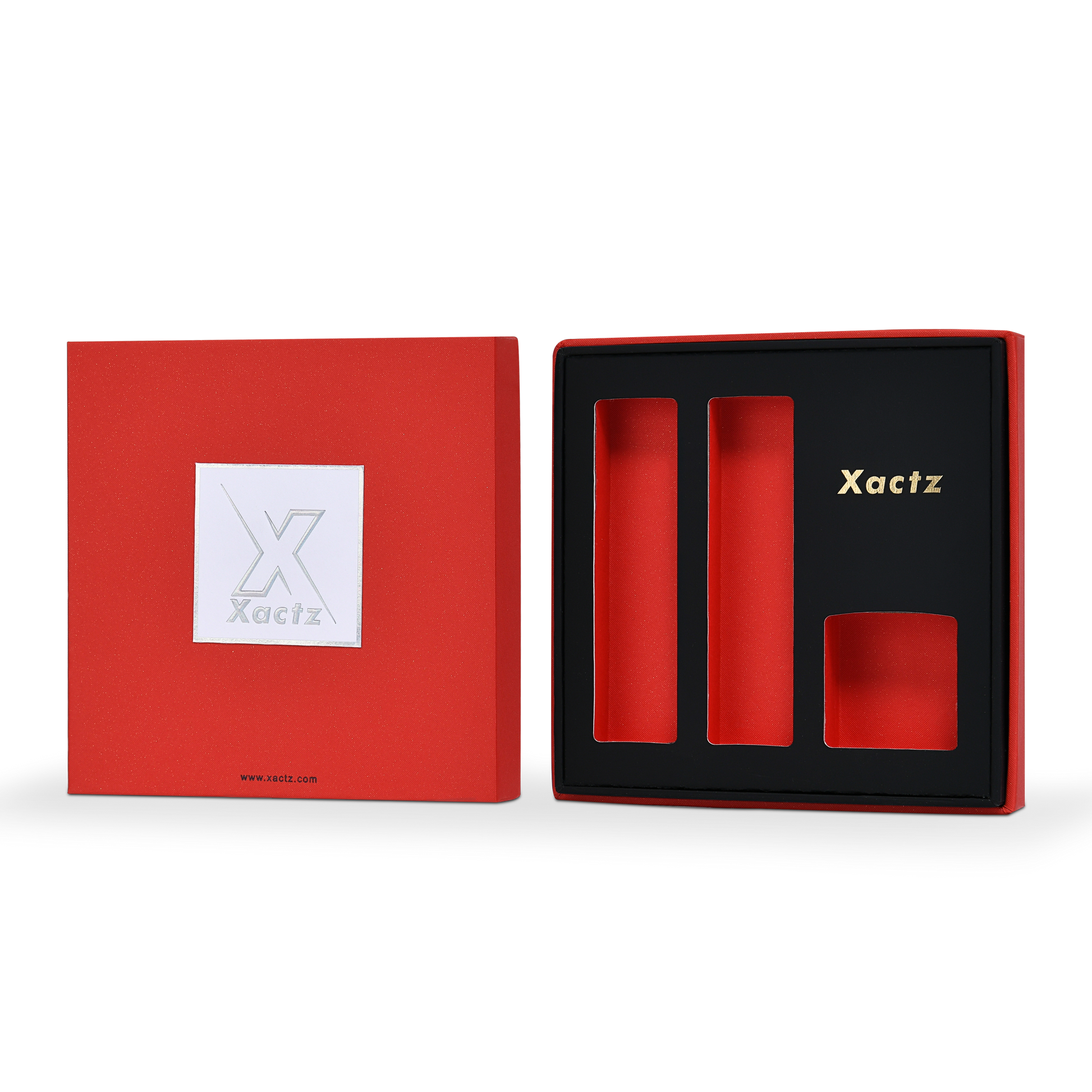 Boîte de luxe personnalisée avec couvercle et base rouges, emballage intérieur texturé multicouche