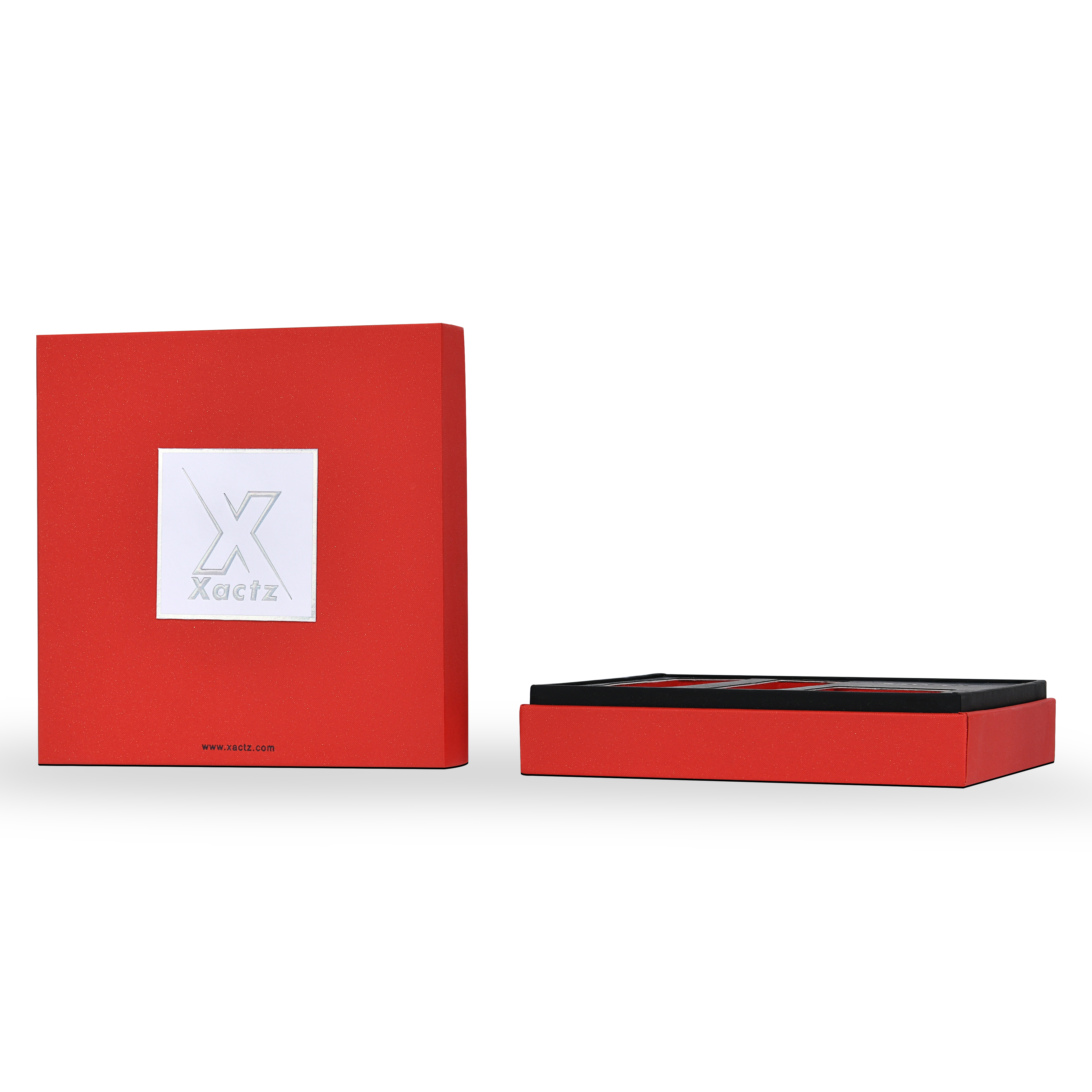 Boîte de luxe personnalisée avec couvercle et base rouges, emballage intérieur texturé multicouche