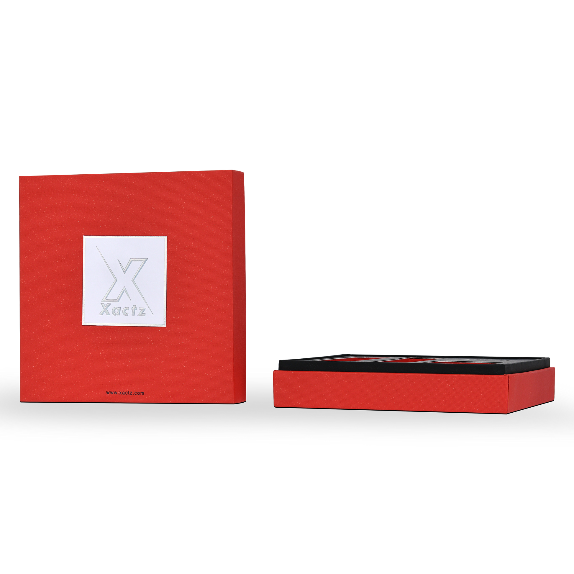 Boîte de luxe personnalisée avec couvercle et base rouges, emballage intérieur texturé multicouche