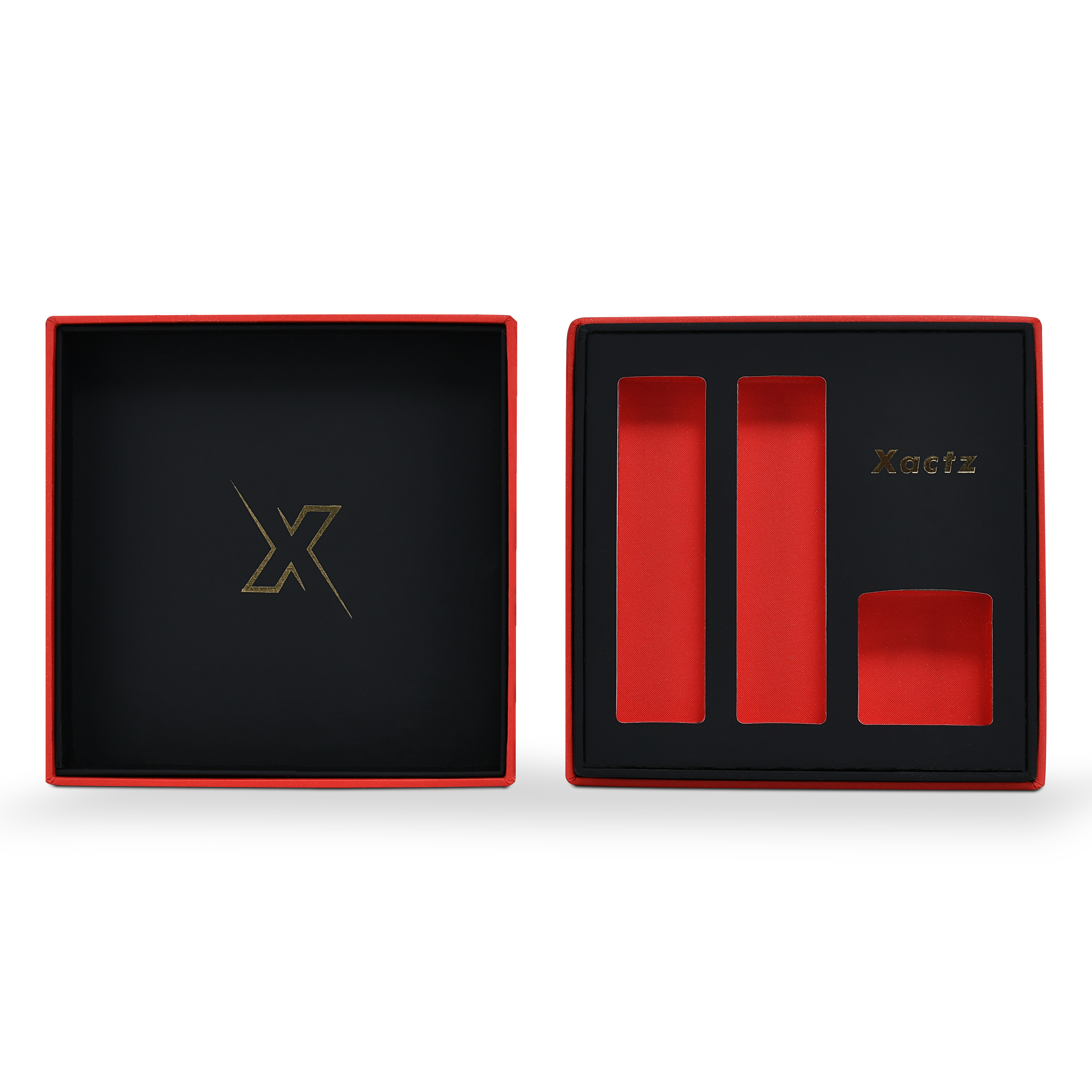 Boîte de luxe personnalisée avec couvercle et base rouges, emballage intérieur texturé multicouche