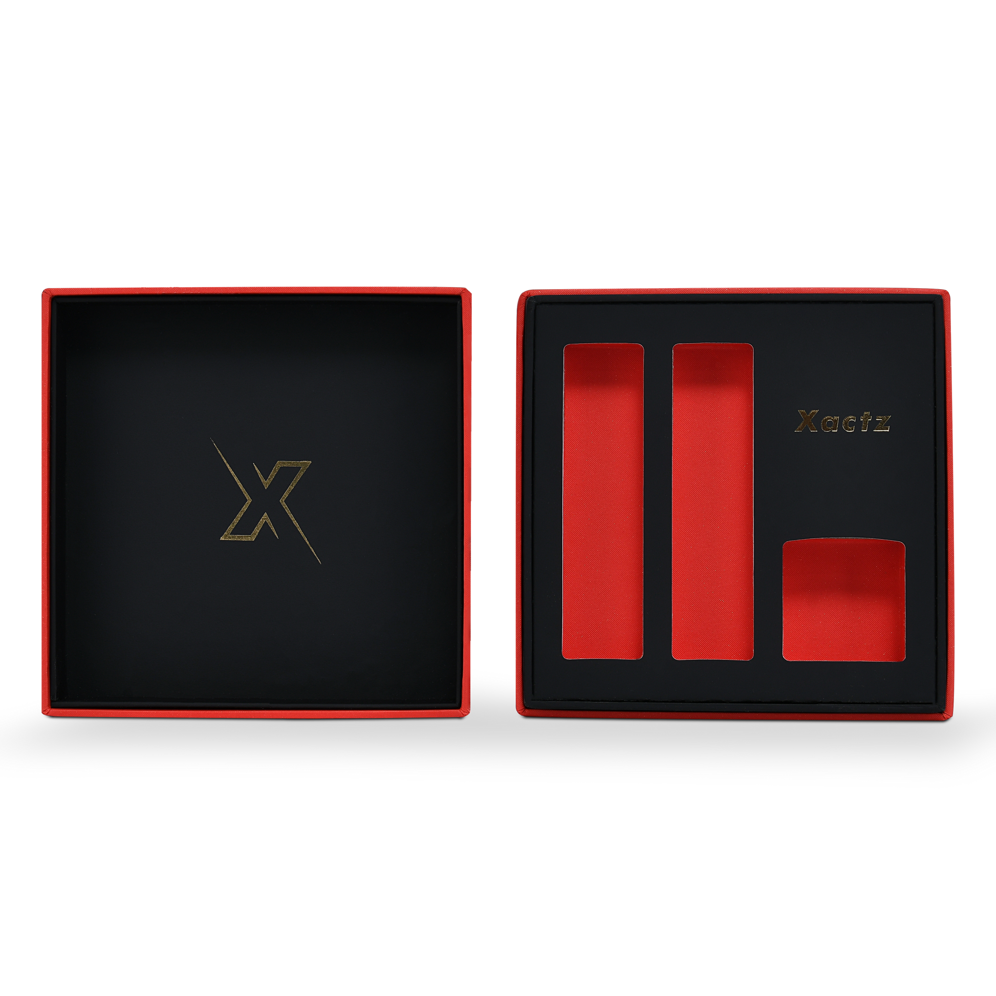 Boîte de luxe personnalisée avec couvercle et base rouges, emballage intérieur texturé multicouche