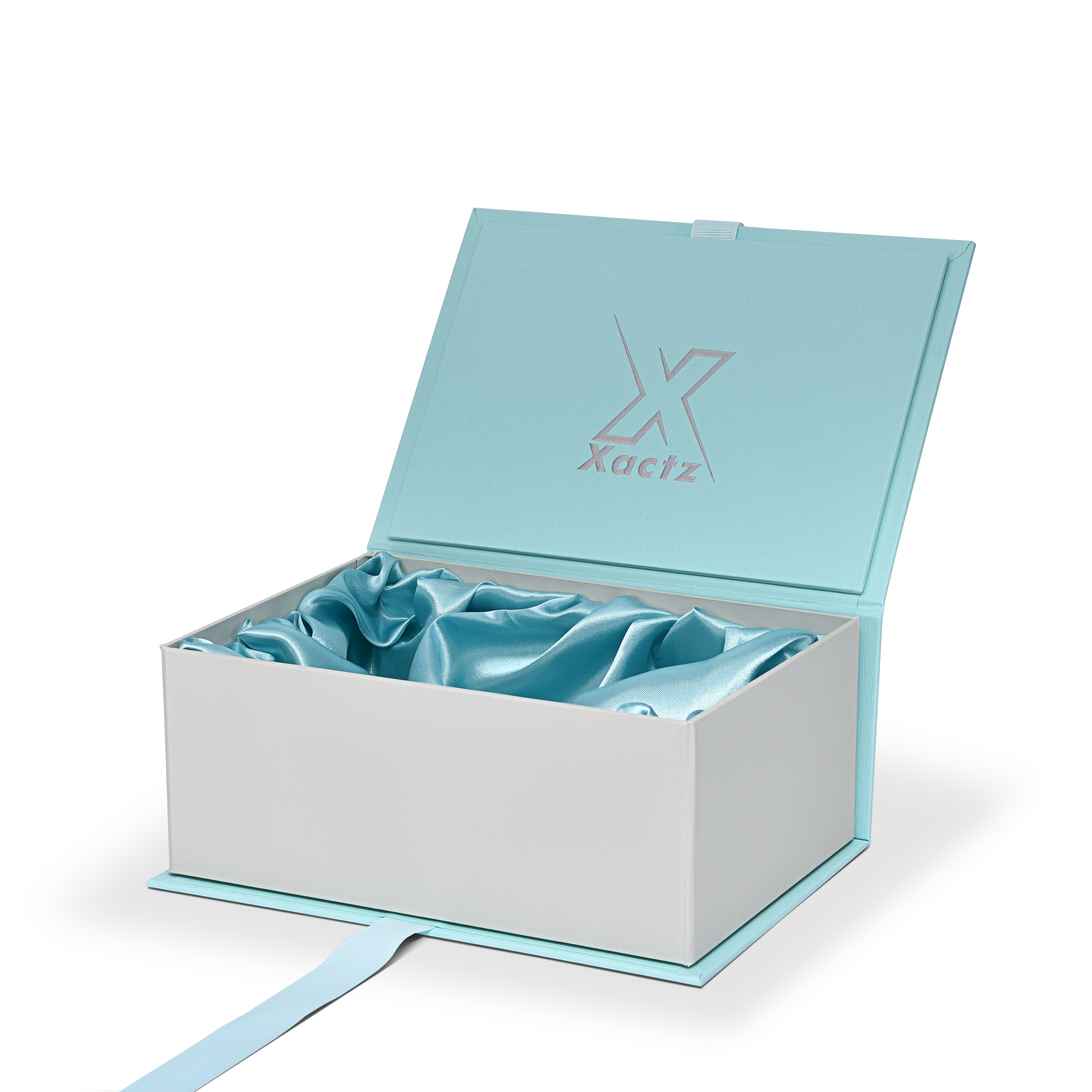 Luxuriöse maßgeschneiderte blaue faltbare Buchbox mit Satin-Innenfutter, Satinband und silberner Folienverpackung