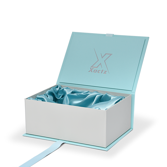 Luxury Custom Blue Foldable Book Box Satin Lining Ribbon Silver Foil Packaging