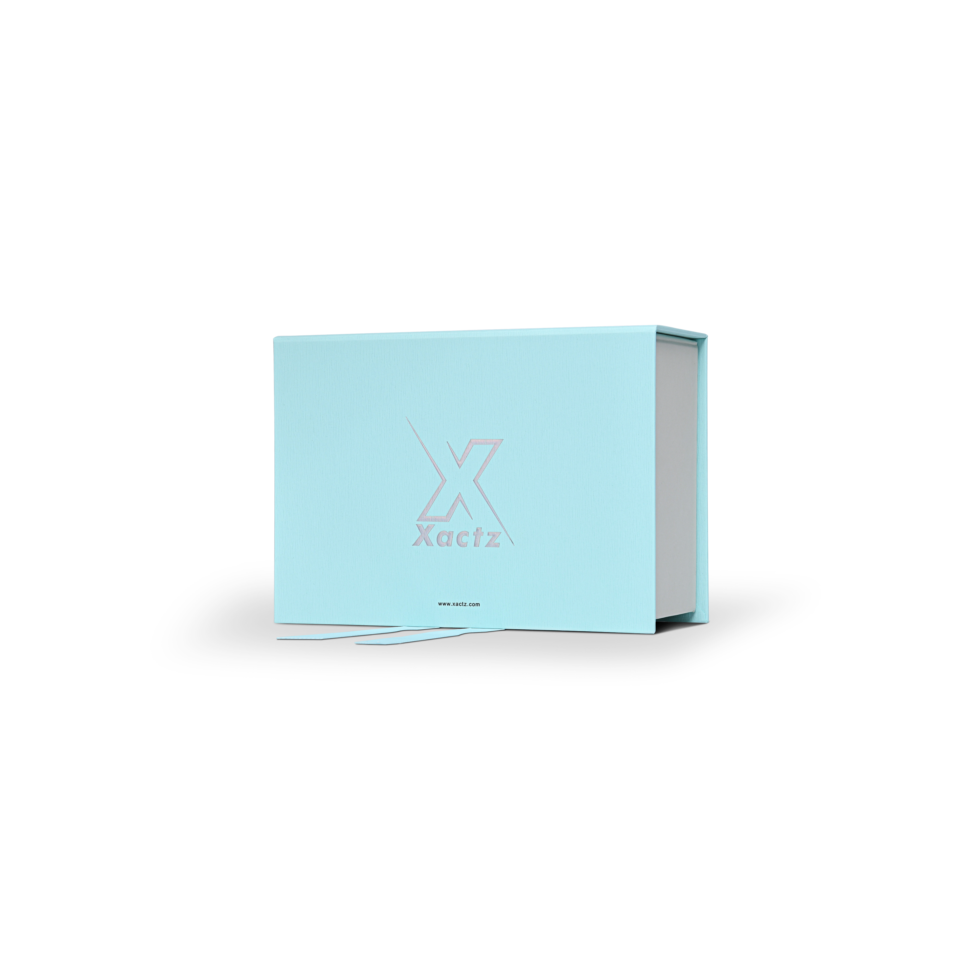 Premium Sky Blue Embossed Iridescent Silver Foil Foldable Book-Shaped Luxury Gift Box with Silk Texture, Dual-Layer Construction, and Ribbon Details