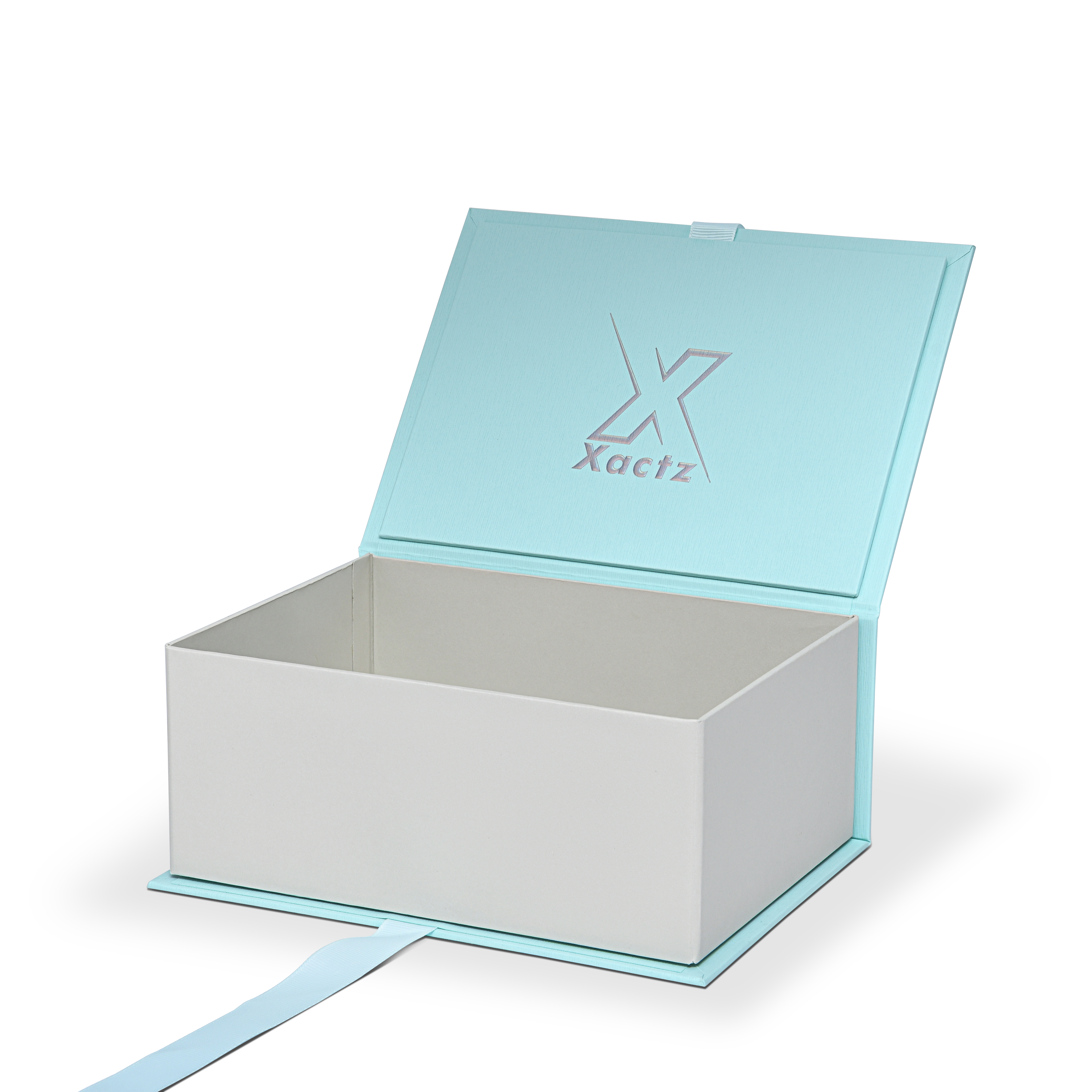 Luxuriöse maßgeschneiderte blaue faltbare Buchbox mit Satinband und silberner Folienverpackung