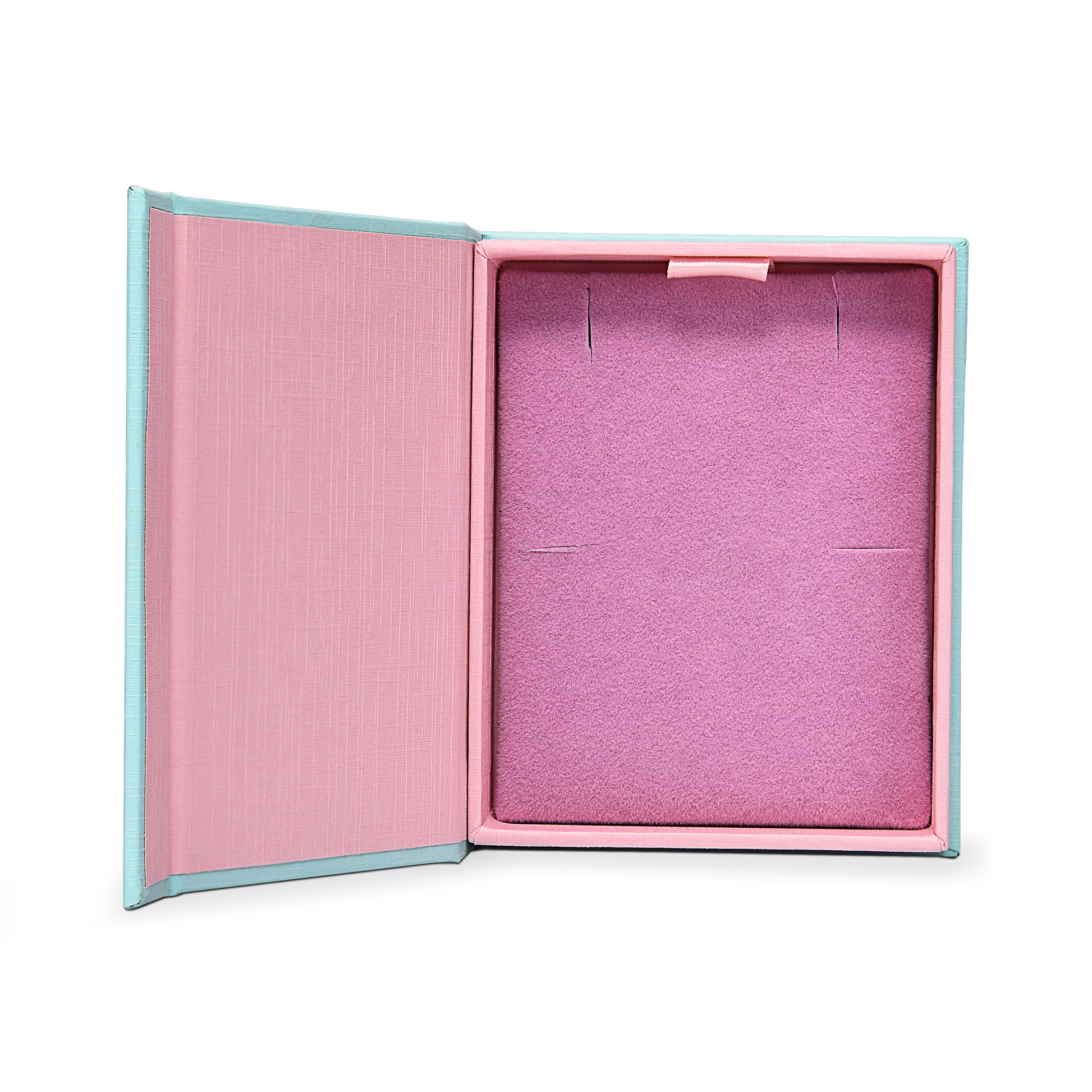 Emballage de luxe personnalisé Boîte-livre bleue en carton, gaufrage à chaud argenté et insert en mousse velours