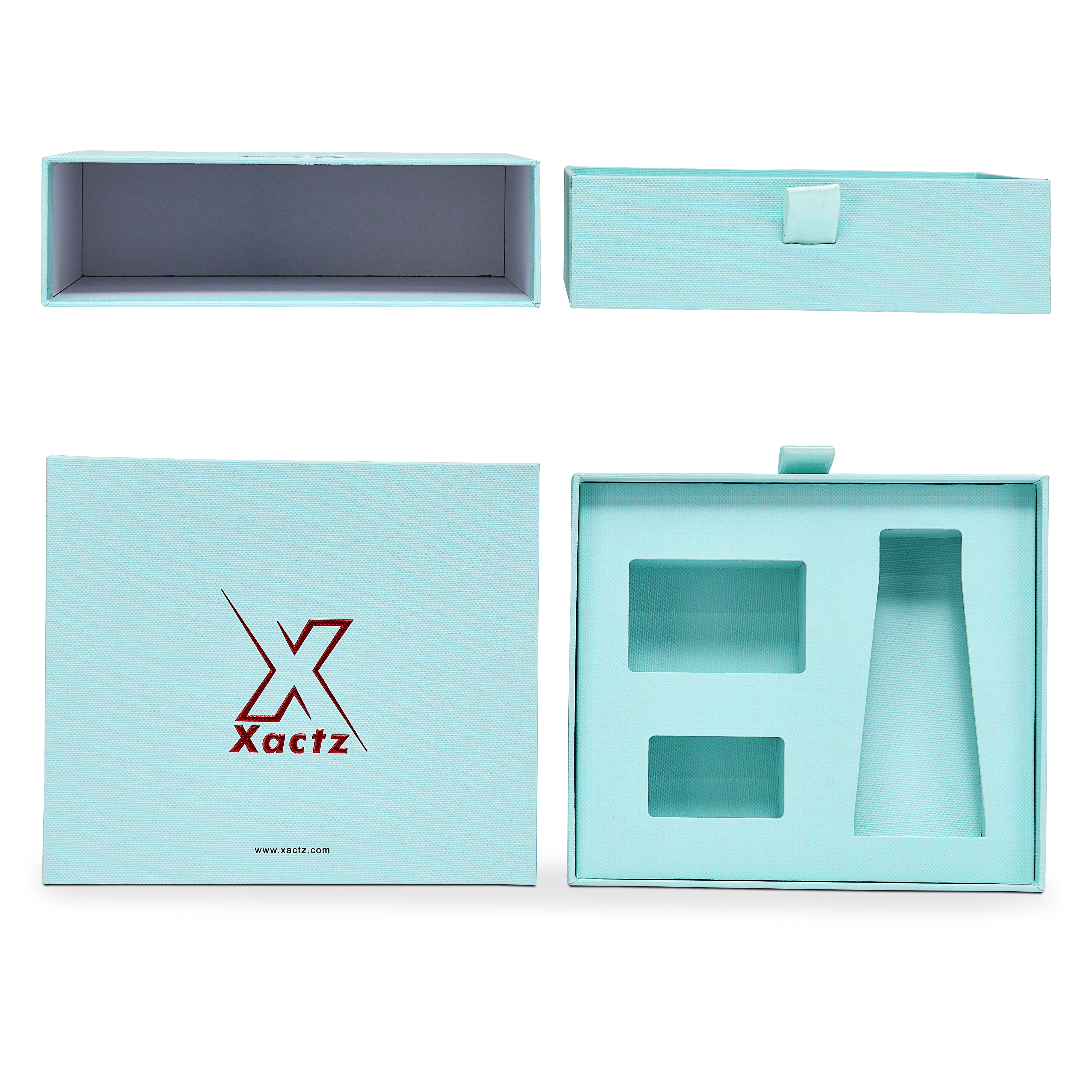Luxuriöse maßgeschneiderte blaue Schubladenbox mit roségoldfarbener Folie und Bandstoffverpackung