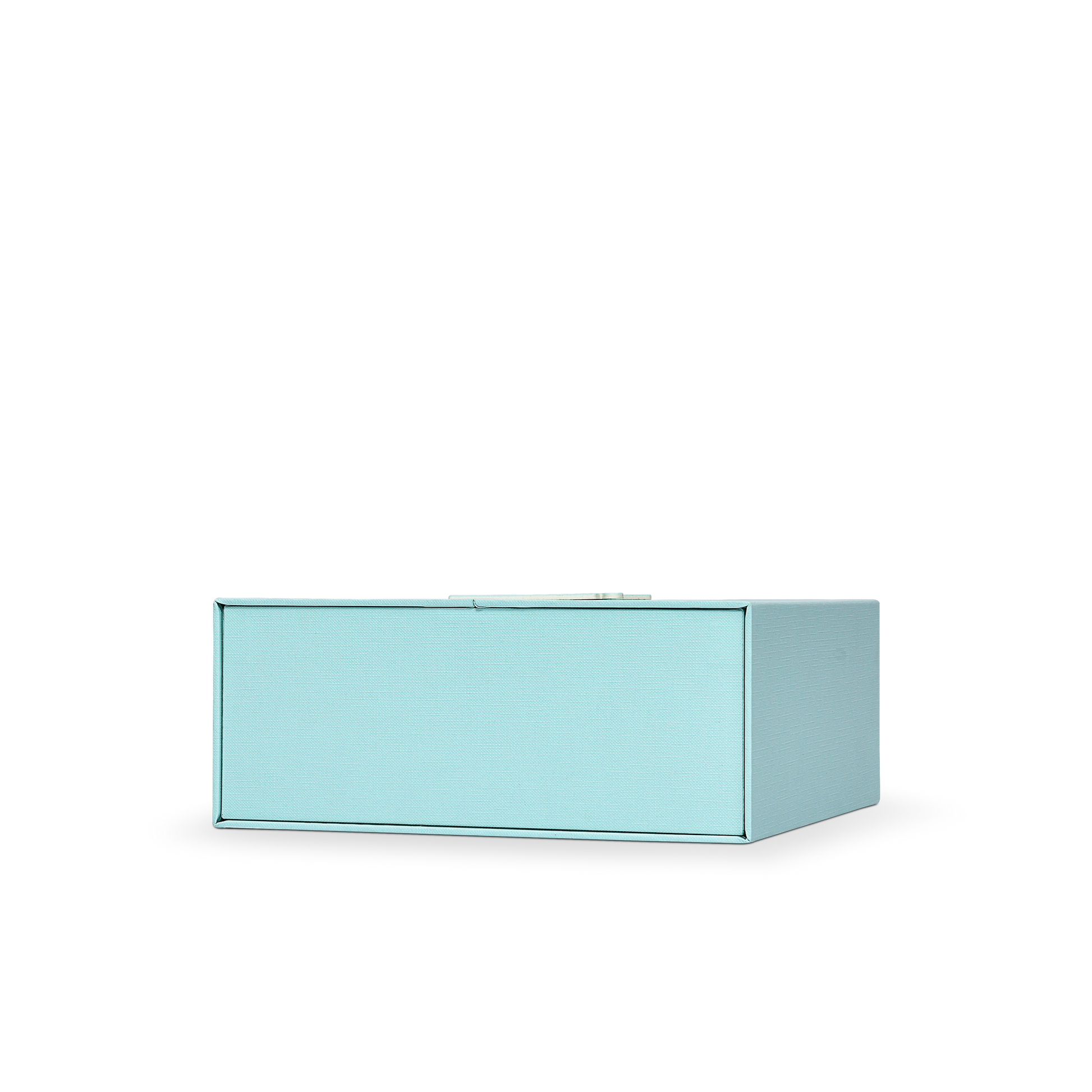 Boîte de luxe sur mesure à couvercle rabattable bleu avec insert en carte herbe de raphia et feuille d'or