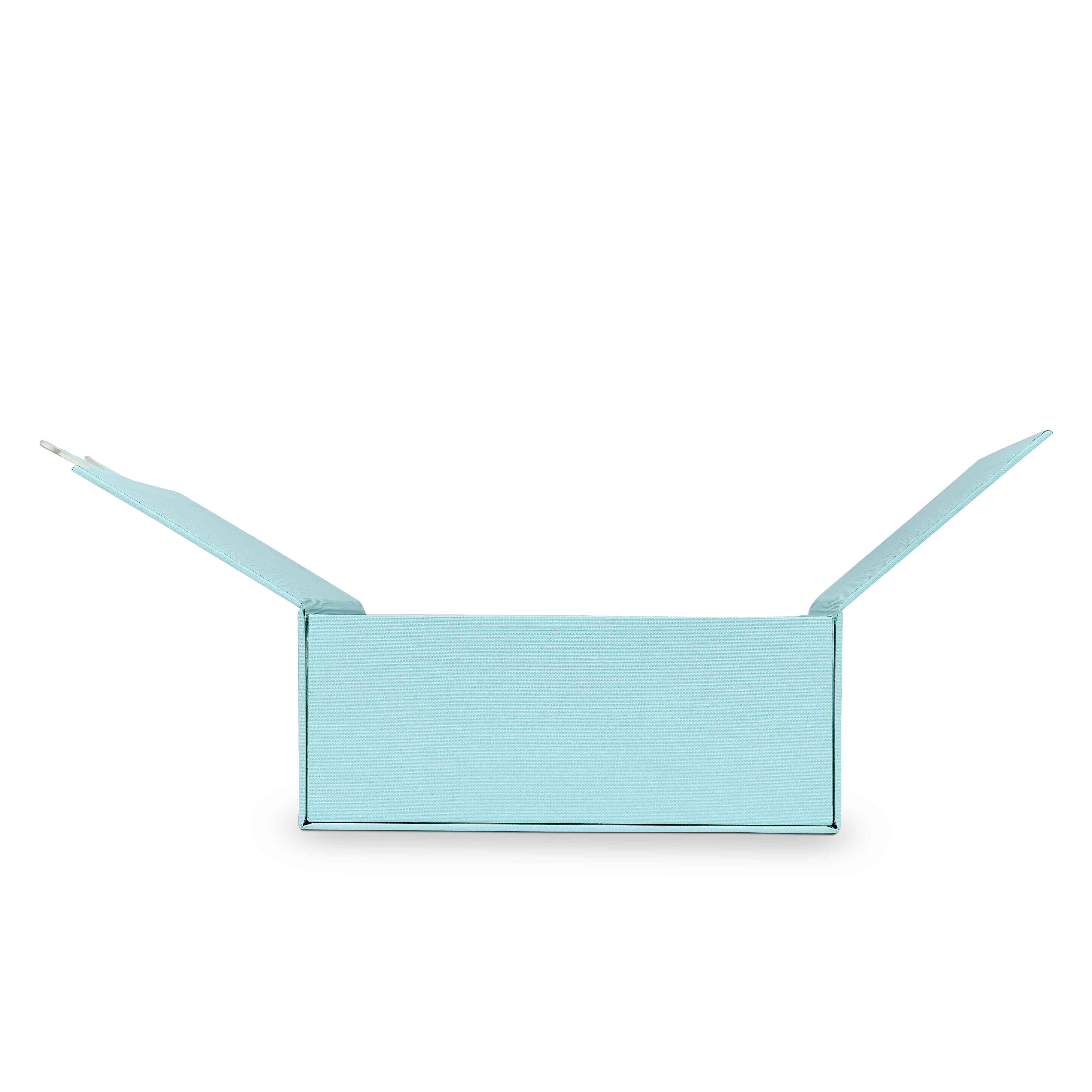 Boîte de luxe sur mesure à couvercle rabattable bleu avec insert en carte herbe de raphia et feuille d'or