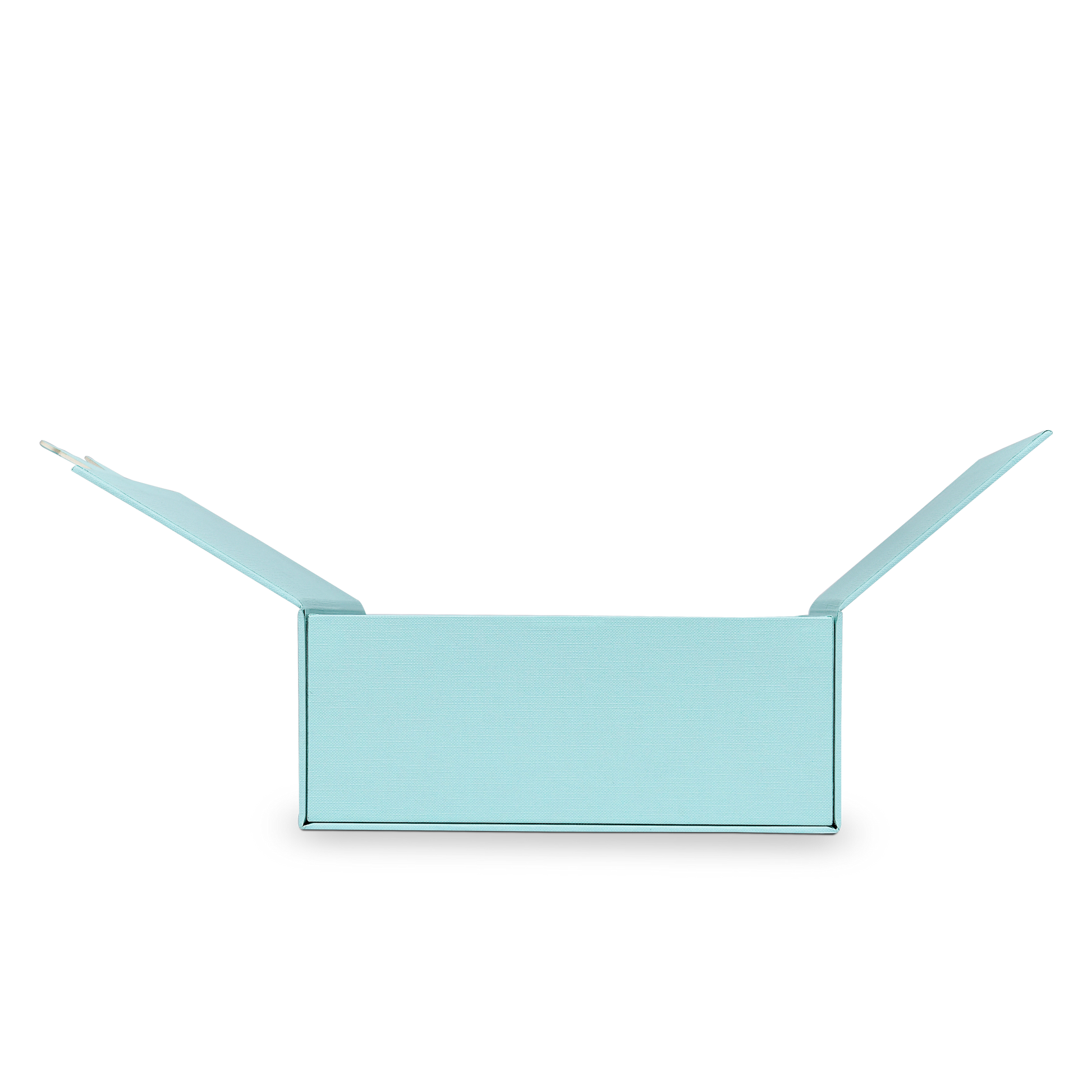 Boîte de luxe sur mesure à couvercle rabattable bleu avec insert en carte herbe de raphia et feuille d'or