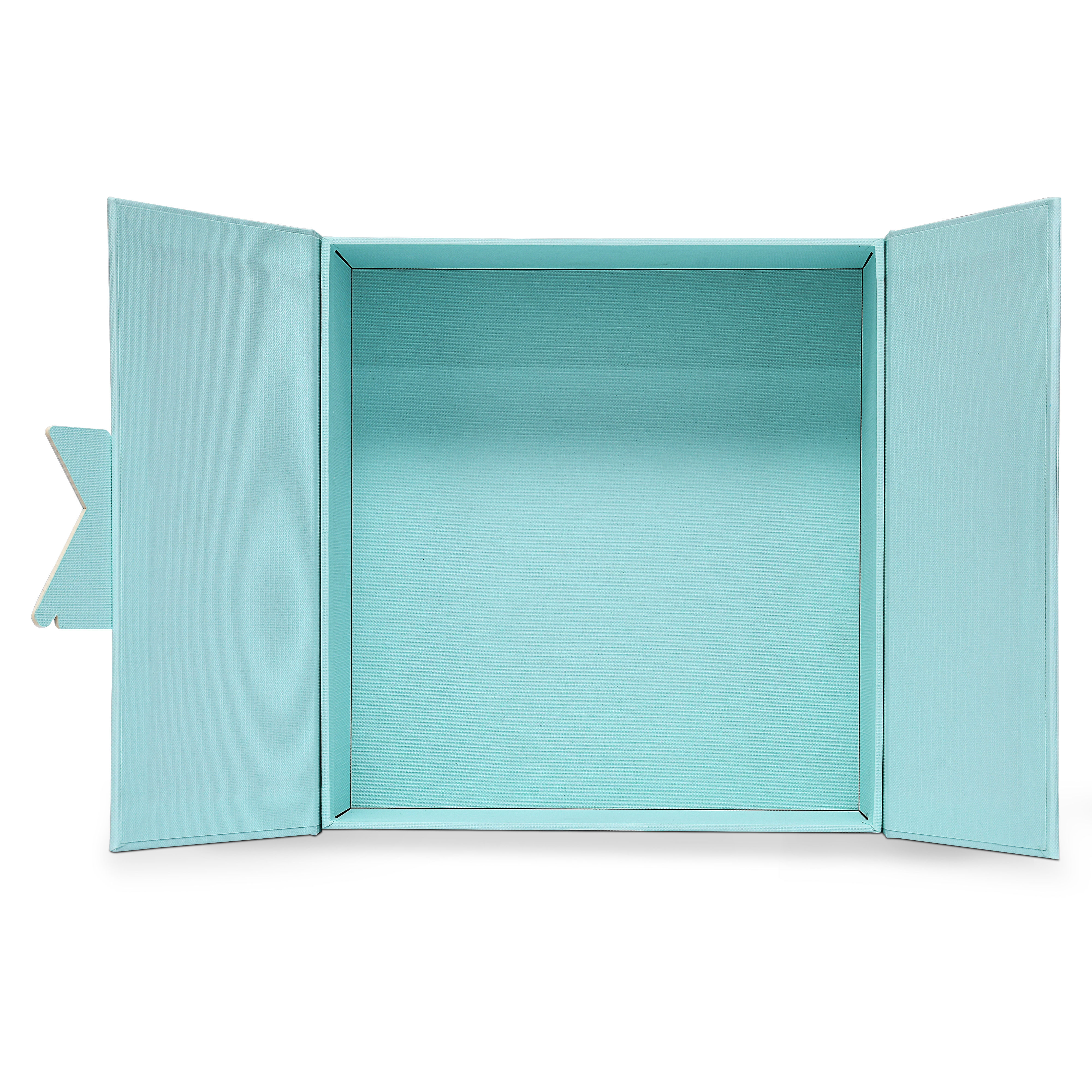 Boîte de luxe sur mesure à couvercle rabattable bleu avec insert en carte herbe de raphia et feuille d'or