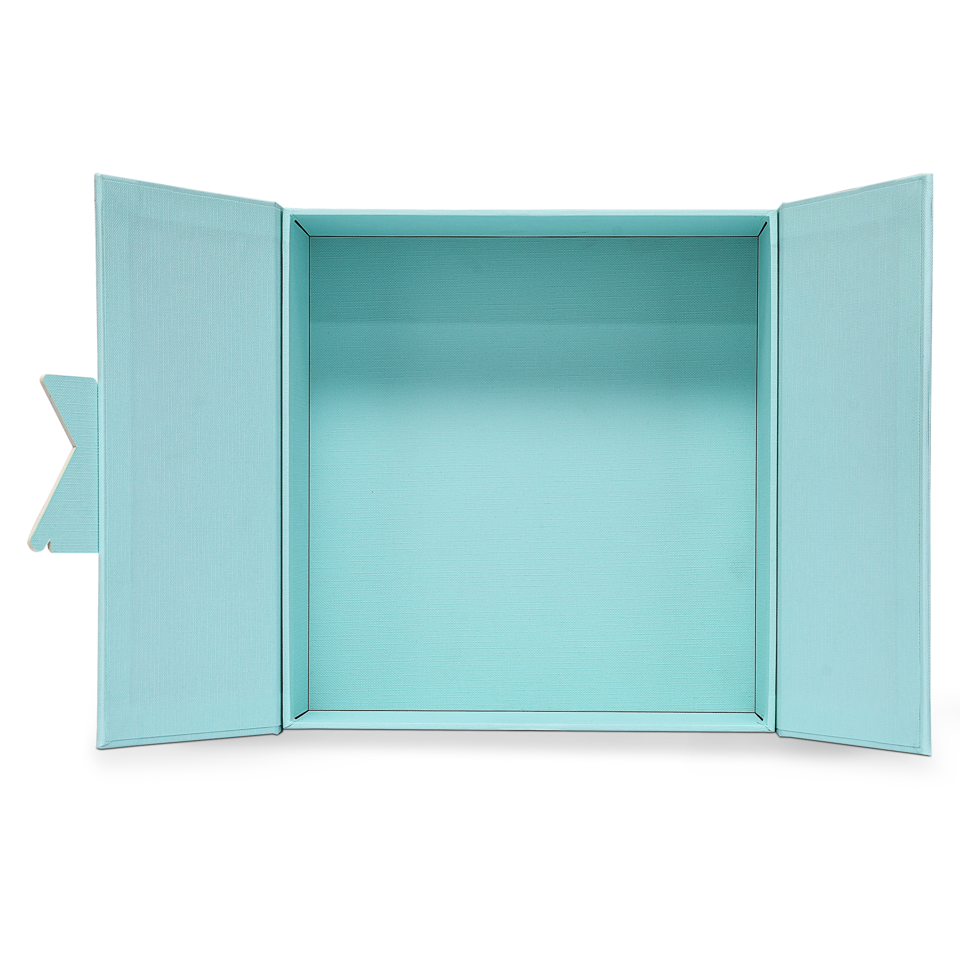 Boîte de luxe sur mesure à couvercle rabattable bleu avec insert en carte herbe de raphia et feuille d'or