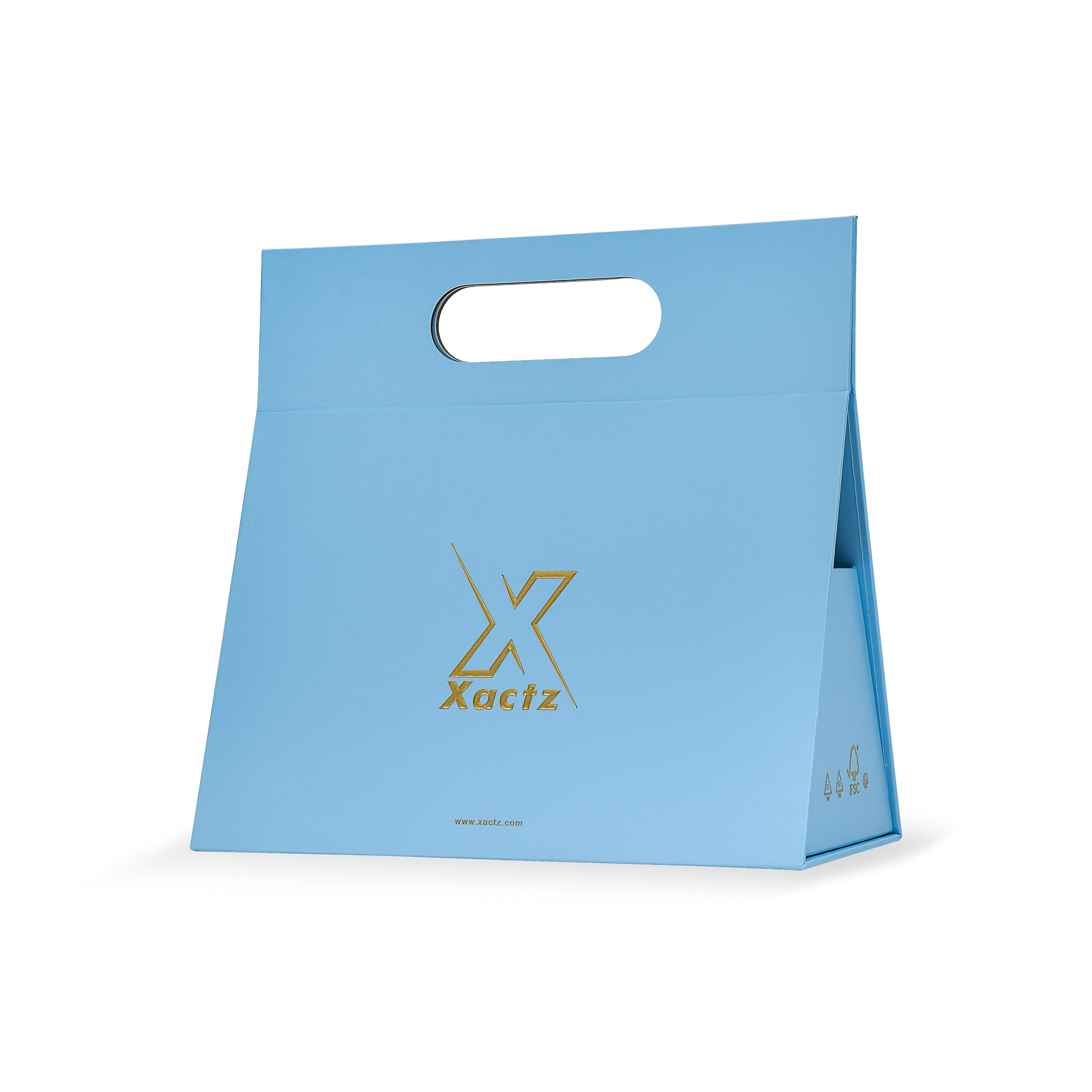 Premium Sky Blue Shopping Bag with Gold Foil and Die-Cut Handles