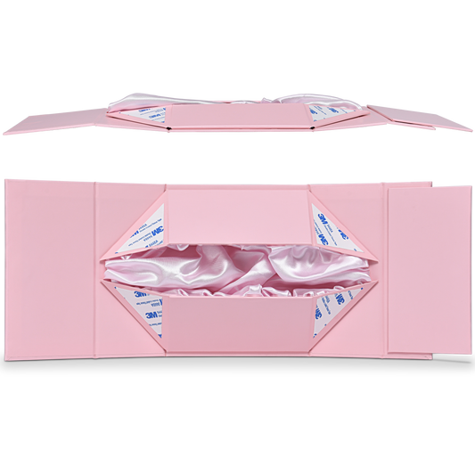 Luxuriöse maßgeschneiderte rosa faltbare Buchbox mit Satin-Futter Goldfolienverpackung
