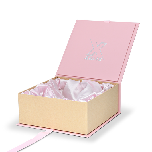 Luxury Custom Pink Foldable Book Box Satin Lining Ribbon Silver Foil Packaging