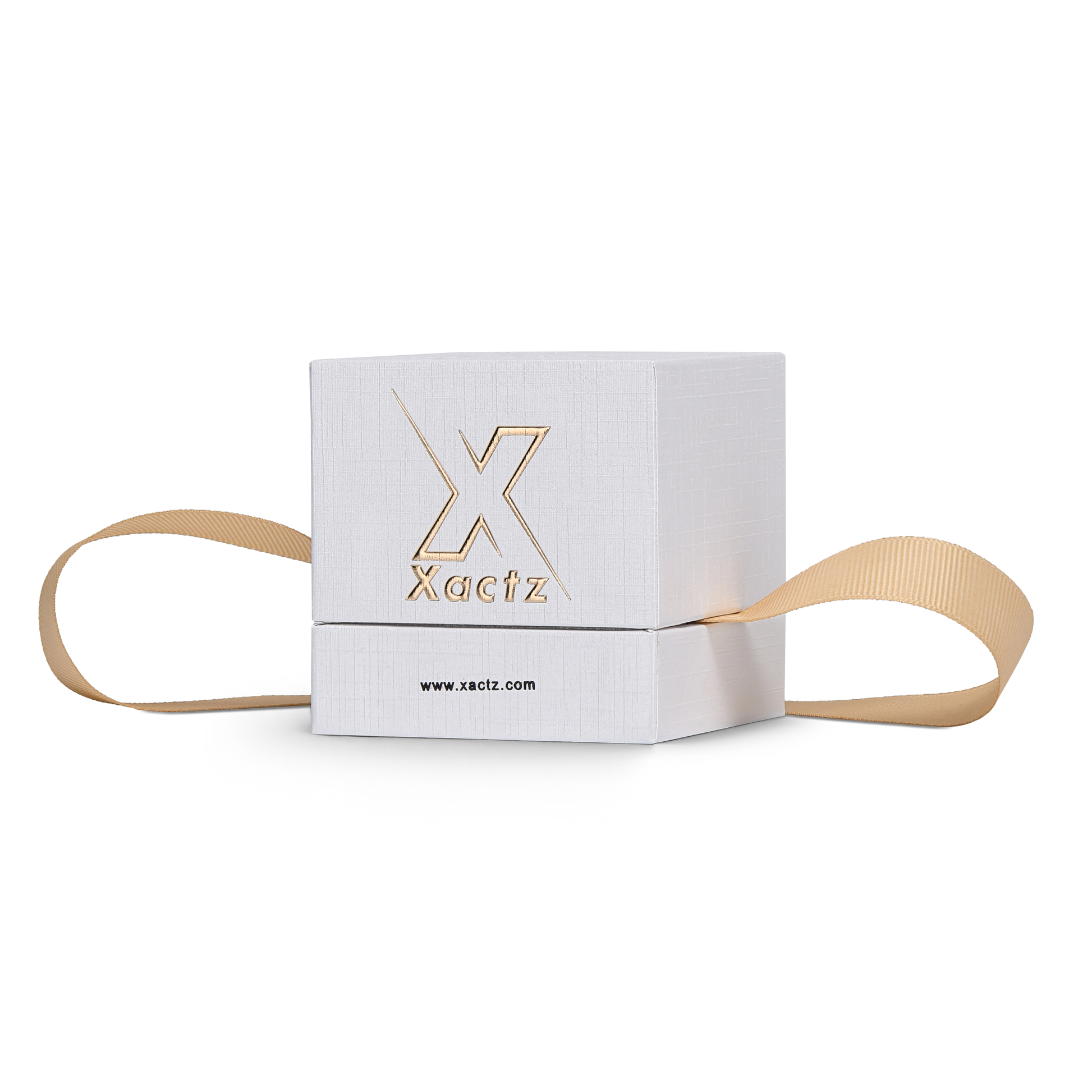 Premium Super White Textured Gold Embossed Hot Stamped Rigid Box with Ribbon Closure
