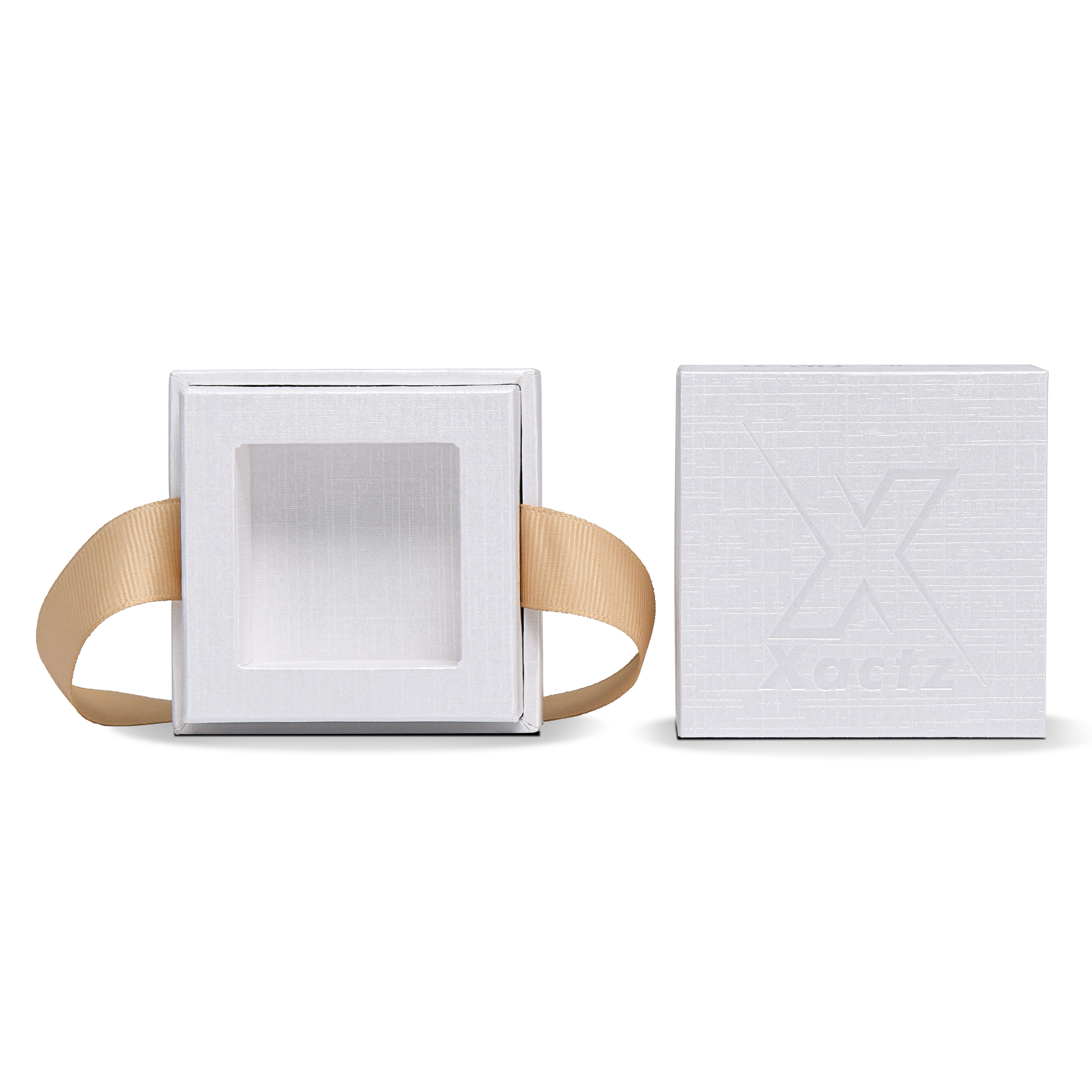 Premium Super White Textured Gold Embossed Hot Stamped Rigid Box with Ribbon Closure