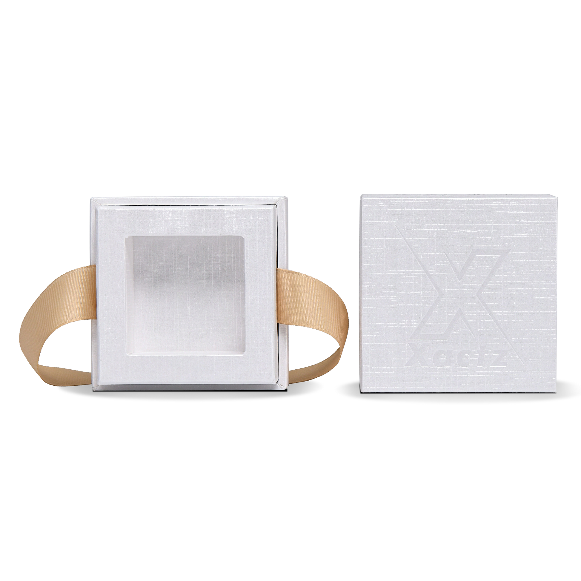 Premium Super White Textured Gold Embossed Hot Stamped Rigid Box with Ribbon Closure