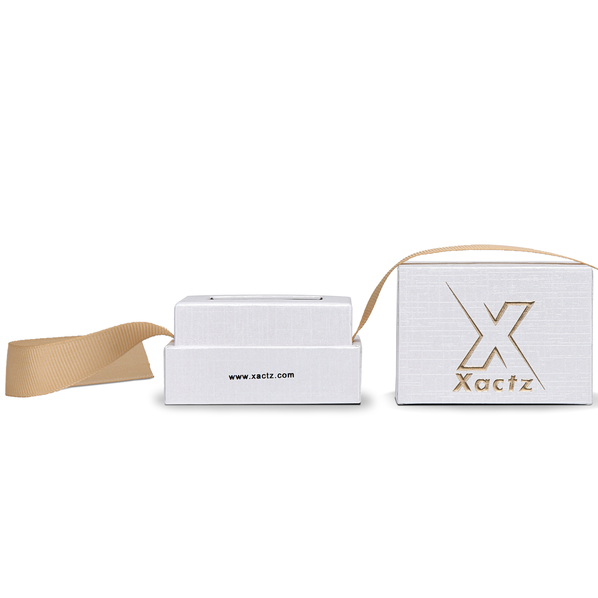 Premium Super White Textured Gold Embossed Hot Stamped Rigid Box with Ribbon Closure