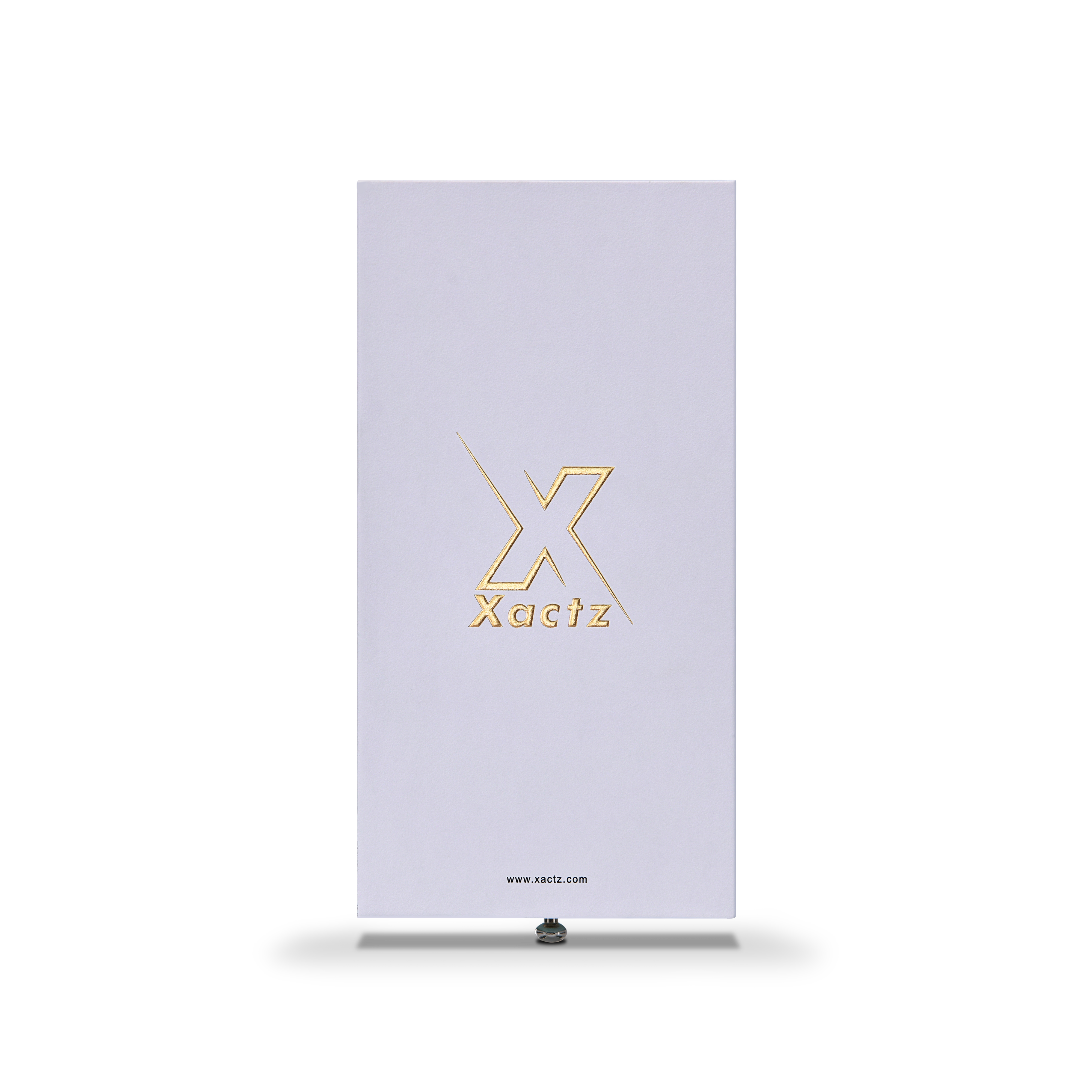 Front view of lavender-white Xactz rigid drawer box with gold foil logo and metal pull bead at base.