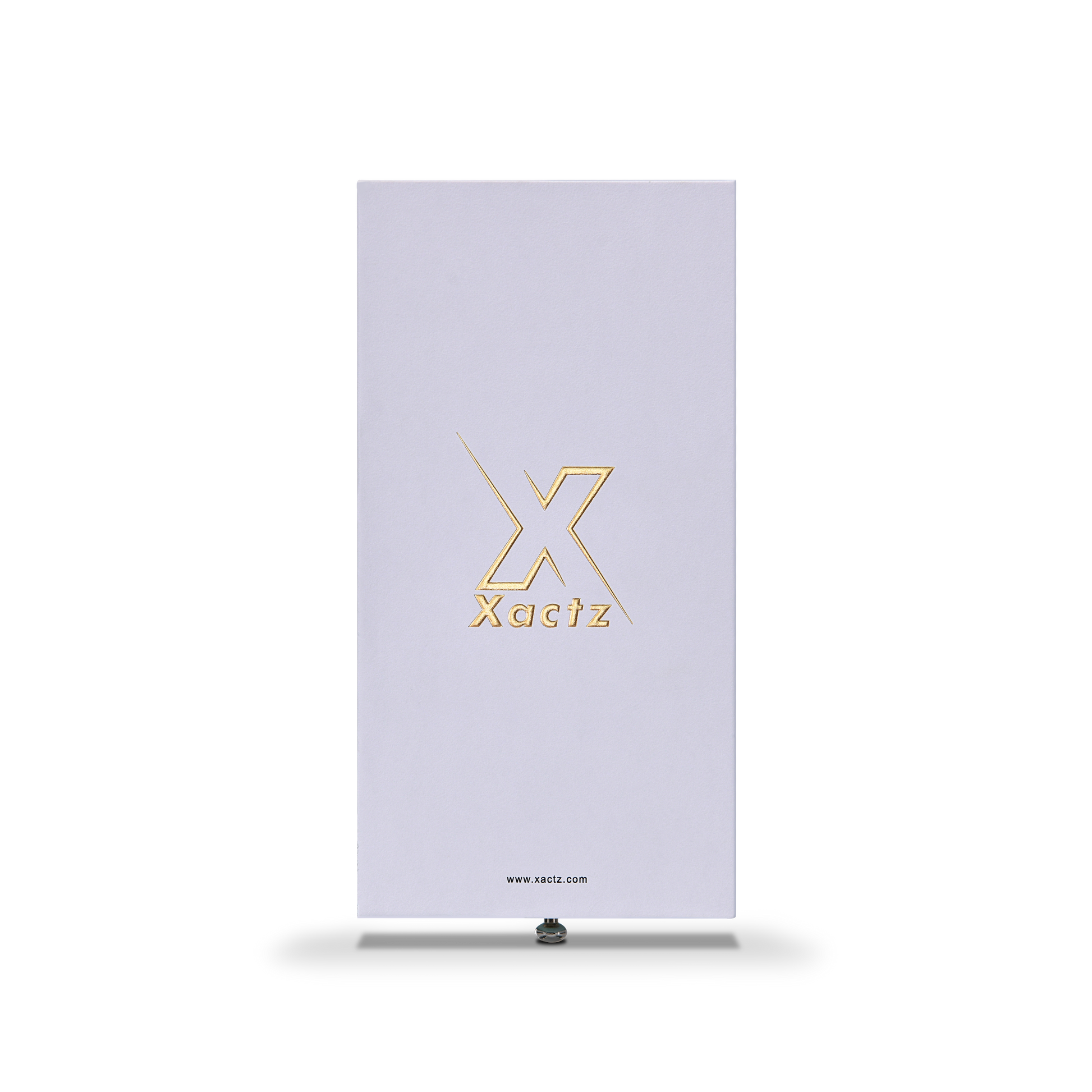 Front view of lavender-white Xactz rigid drawer box with gold foil logo and metal pull bead at base.
