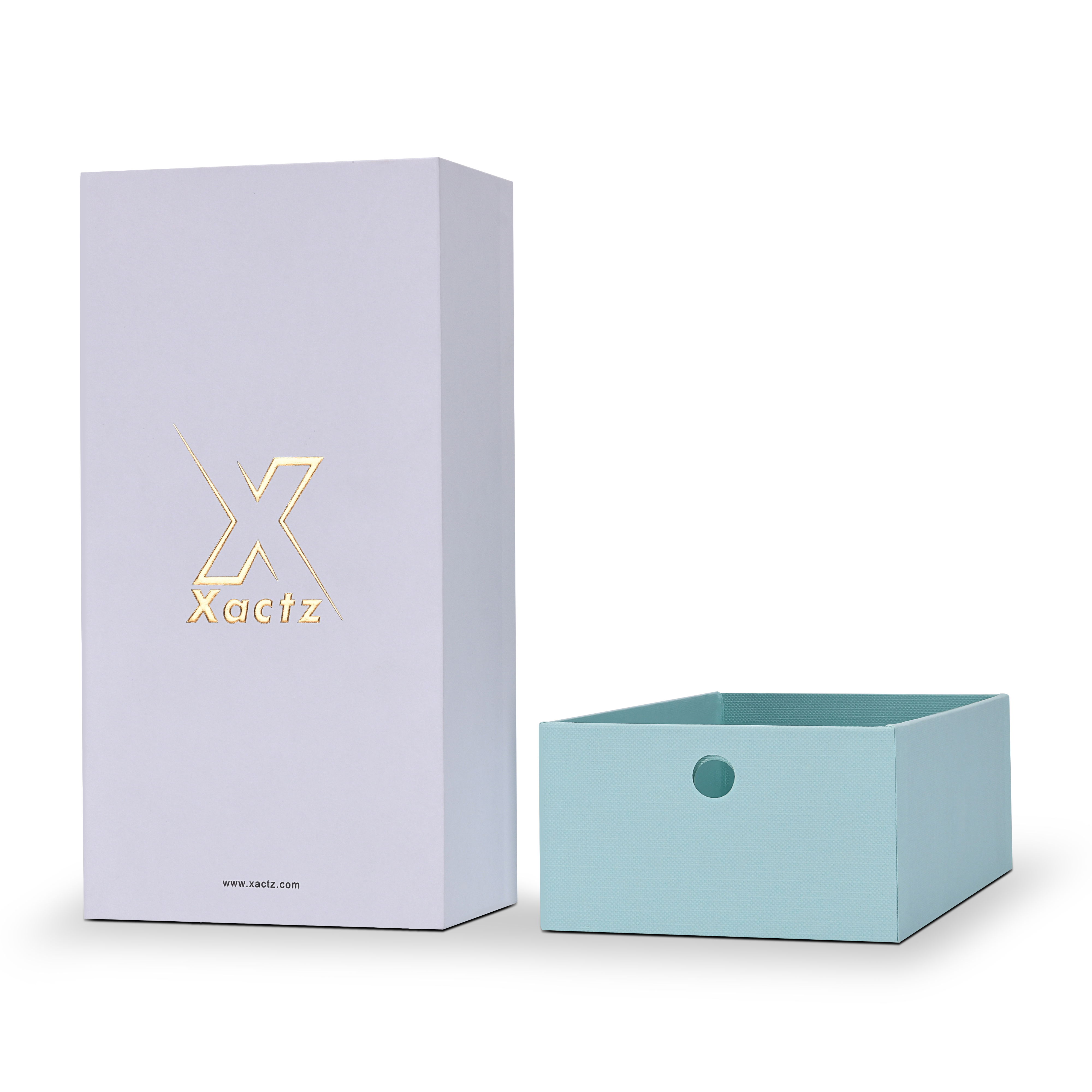 Xactz lavender-white drawer box upright beside separated mint blue inner tray with teal pull tab.