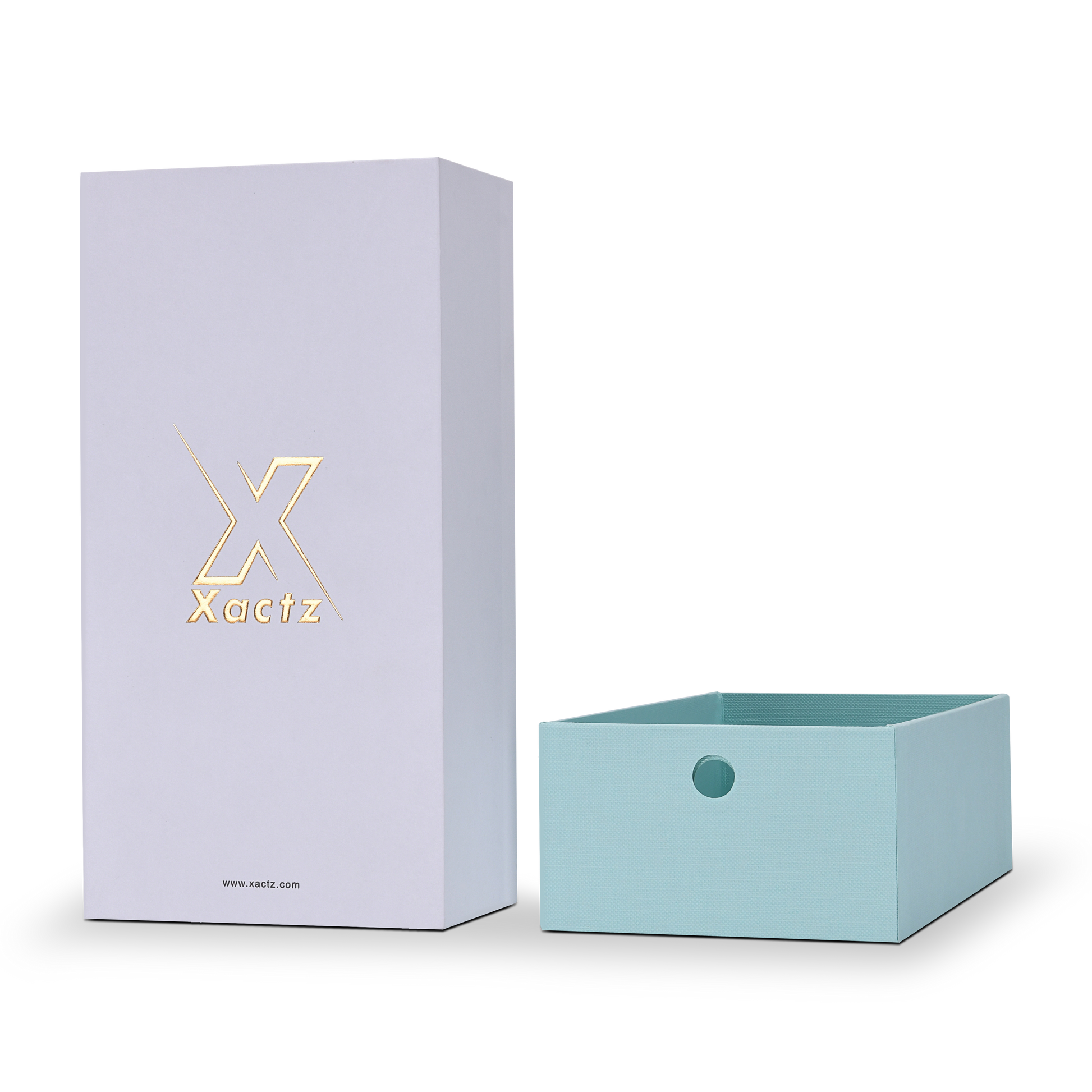 Xactz lavender-white drawer box upright beside separated mint blue inner tray with teal pull tab.