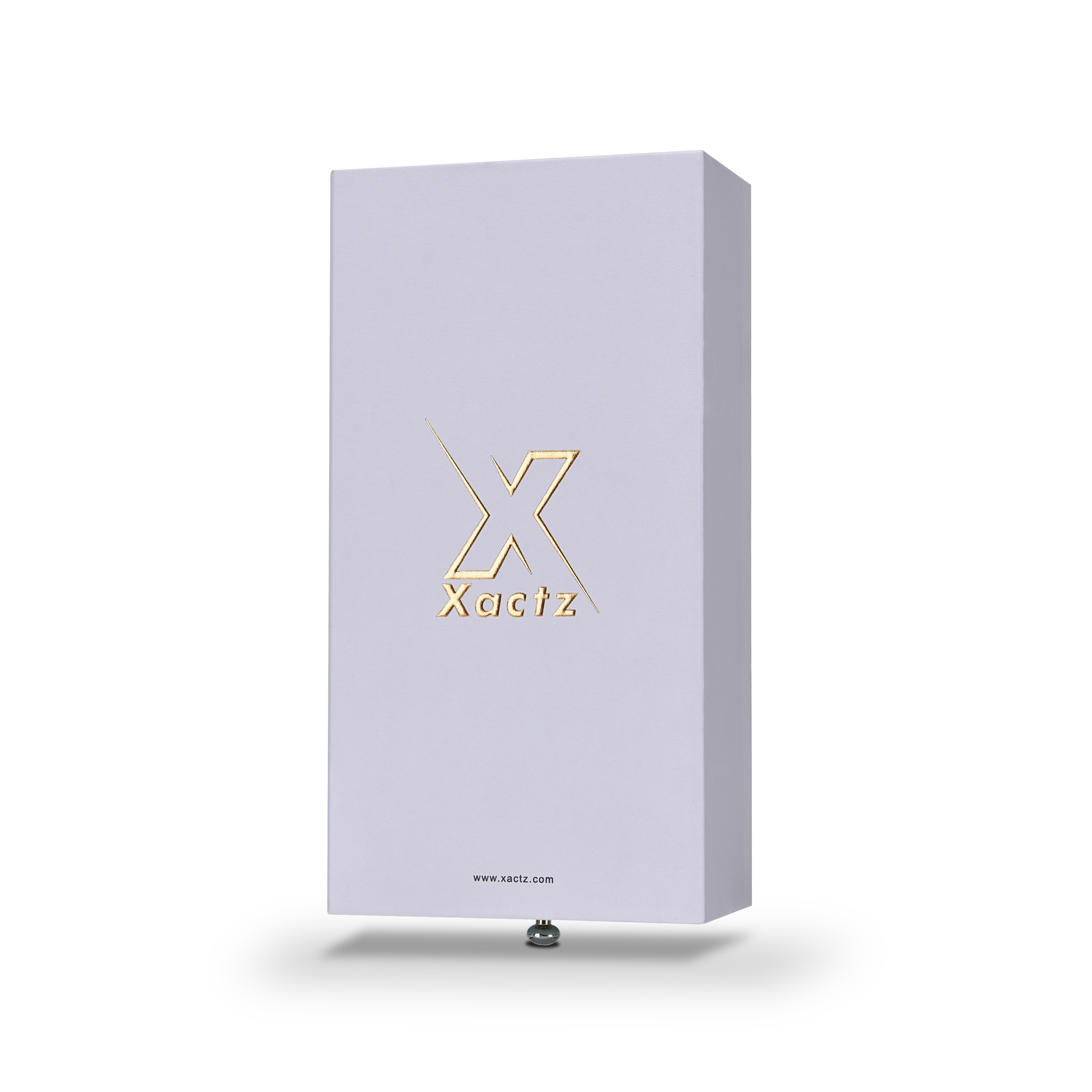 Lavender-white Xactz rigid drawer box with embossed gold foil logo, three-quarter angle view against white background.