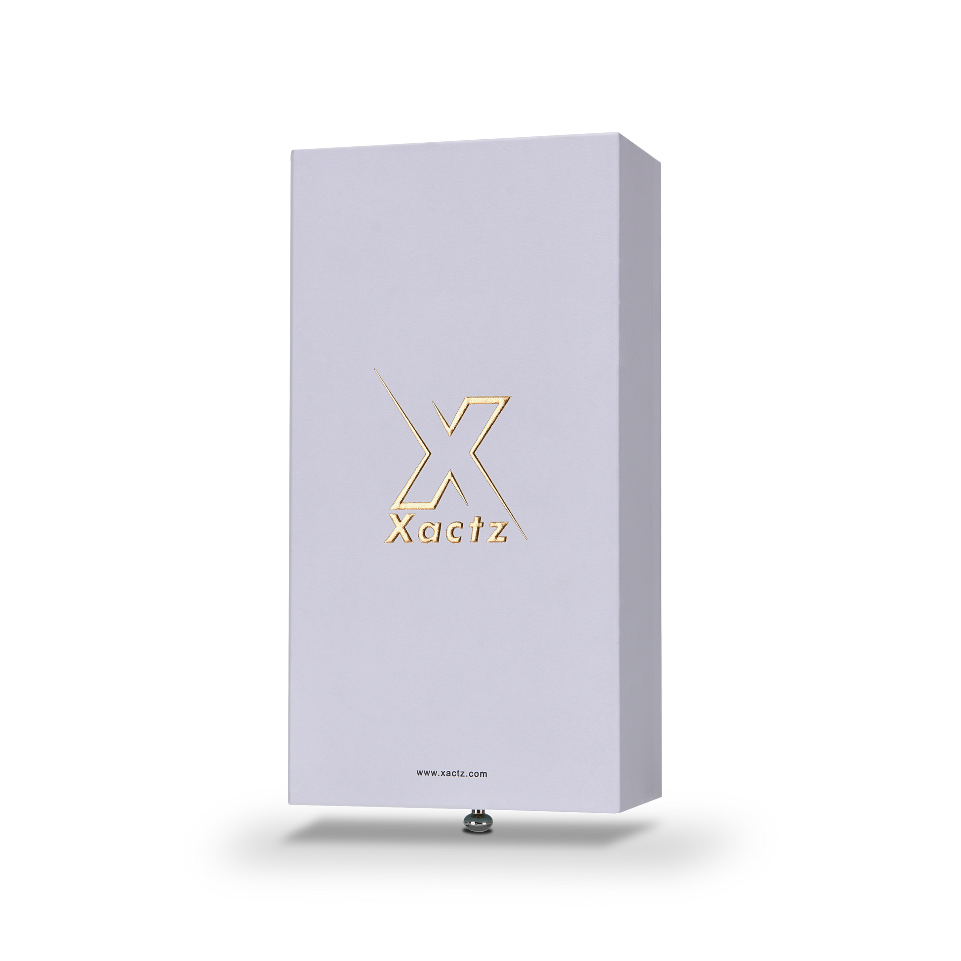 Lavender-white Xactz rigid drawer box with embossed gold foil logo, three-quarter angle view against white background.