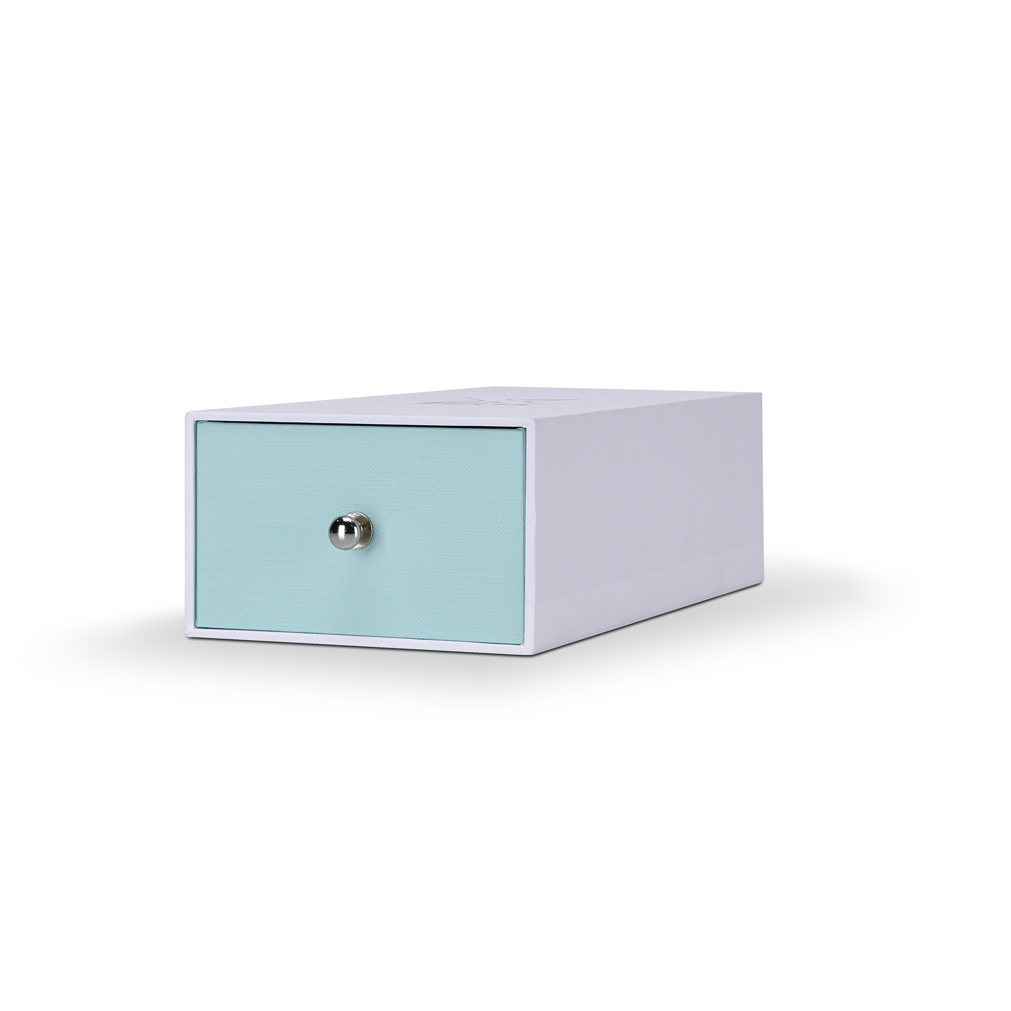 Low-angle view of horizontal Xactz rigid drawer box with mint blue drawer face and silver pull knob.