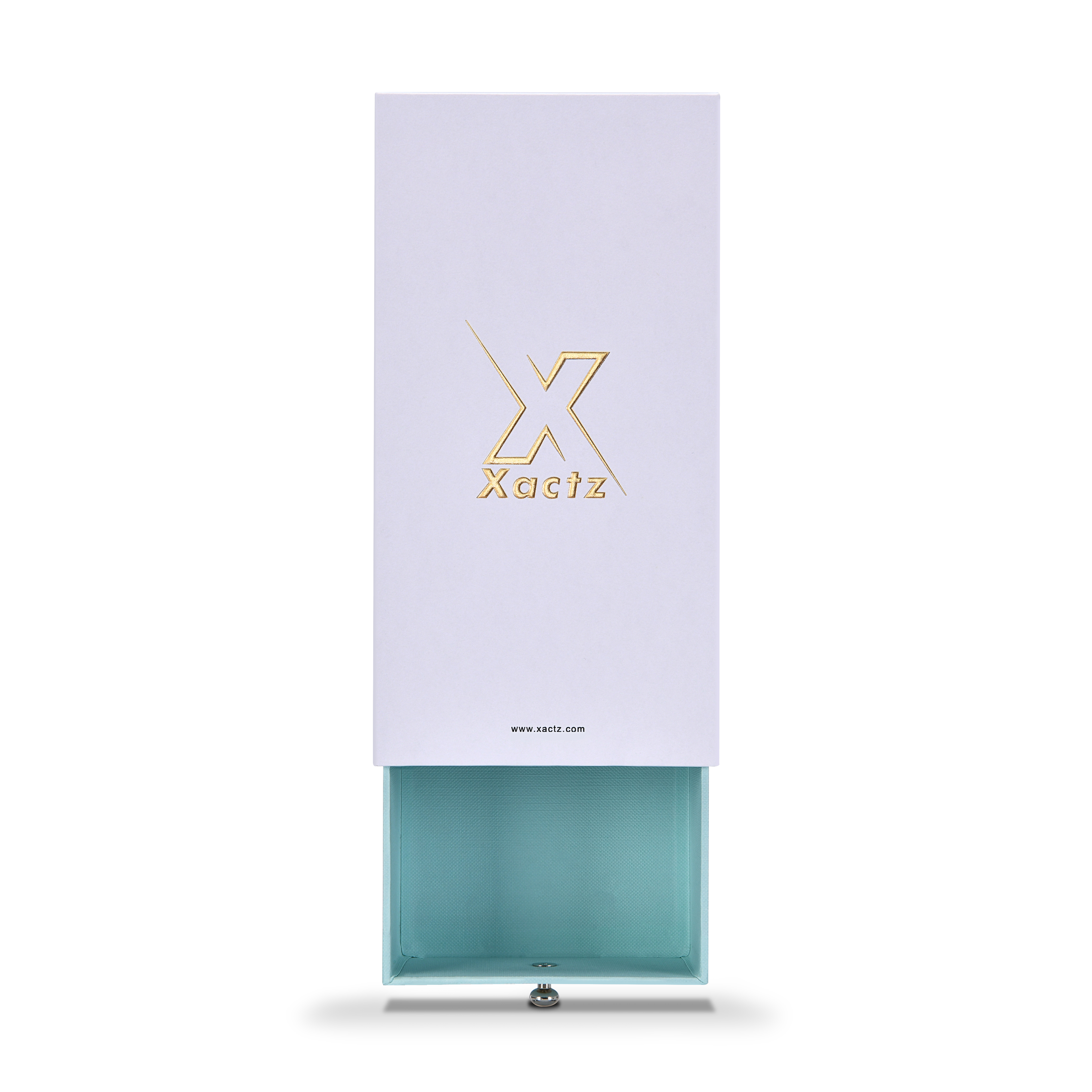 Front view of Xactz lavender-white drawer box with mint blue inner drawer partially pulled out from base.