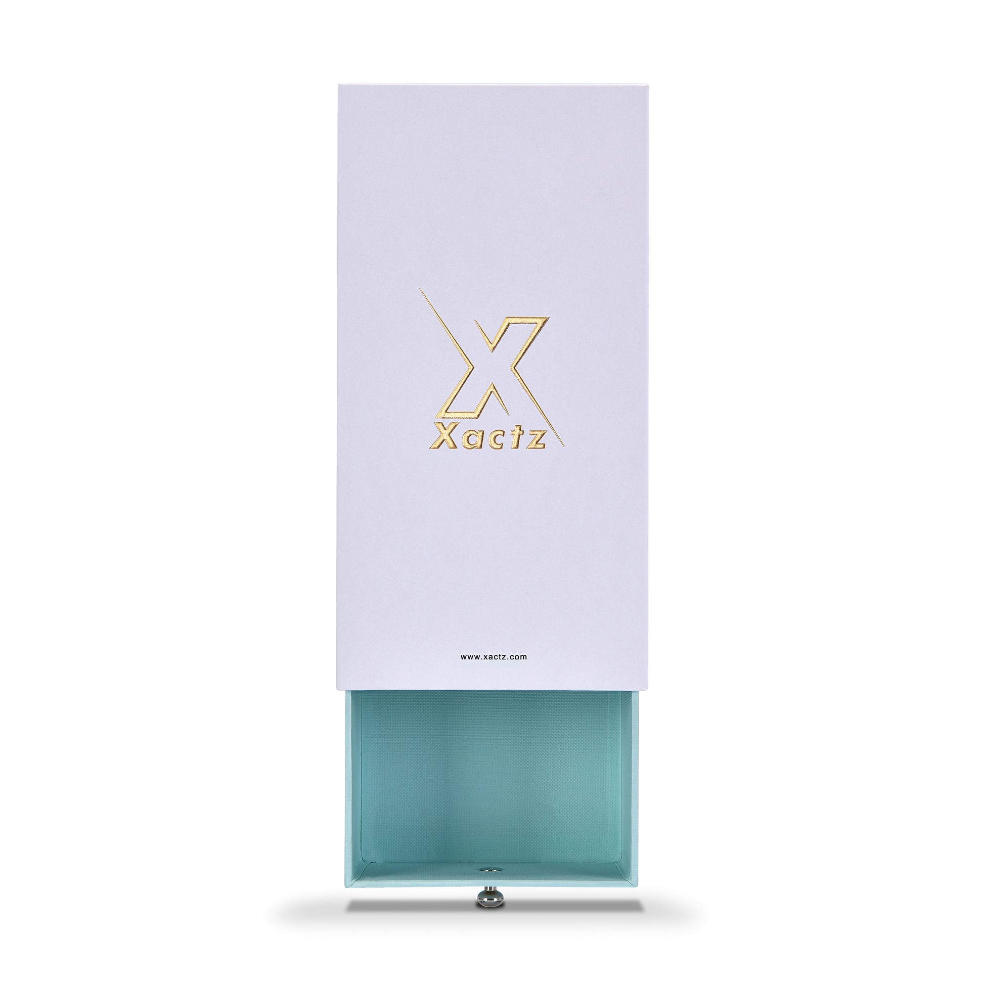Front view of Xactz lavender-white drawer box with mint blue inner drawer partially pulled out from base.