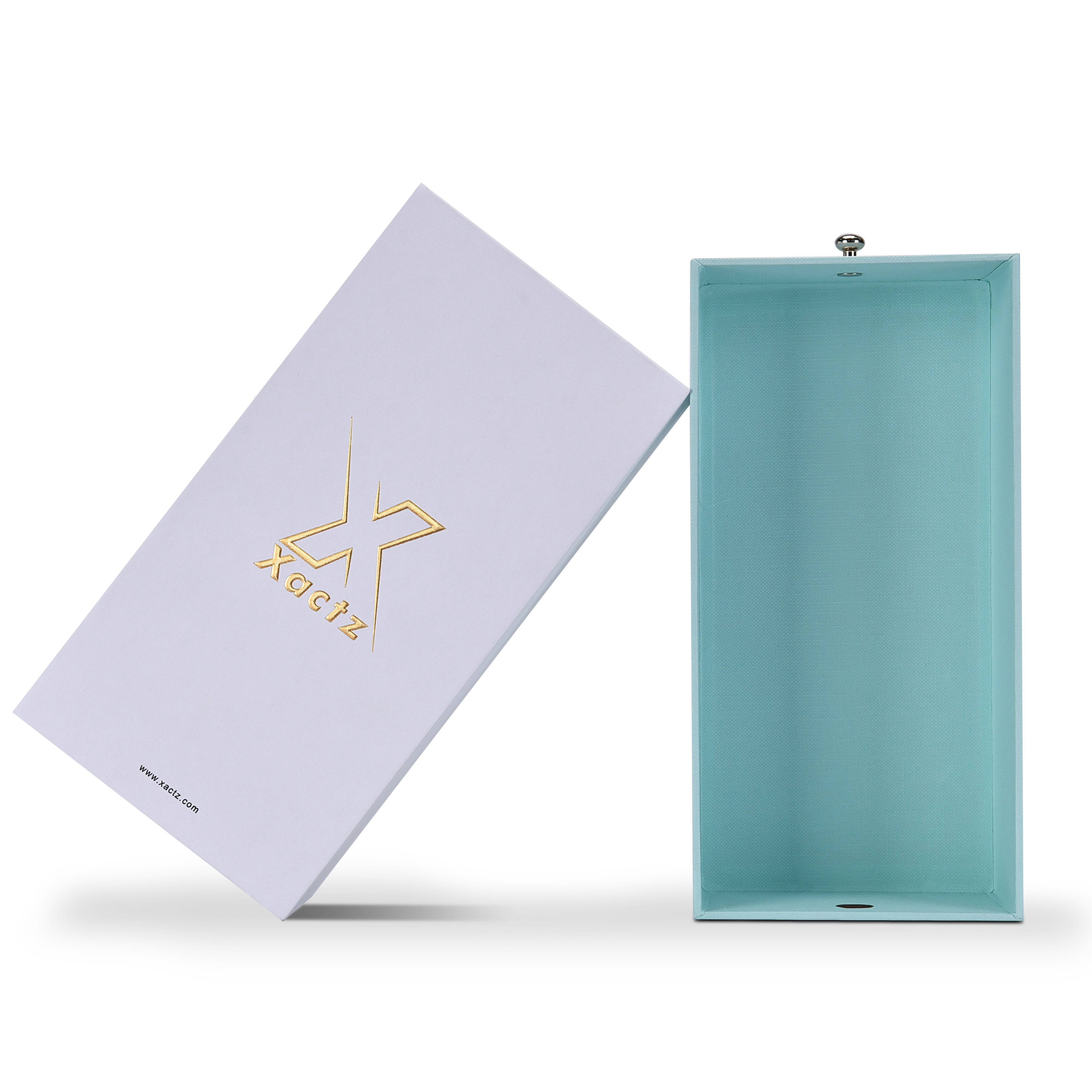 Xactz drawer box sleeve leaning at angle beside fully open mint blue inner tray with silver pull knob.